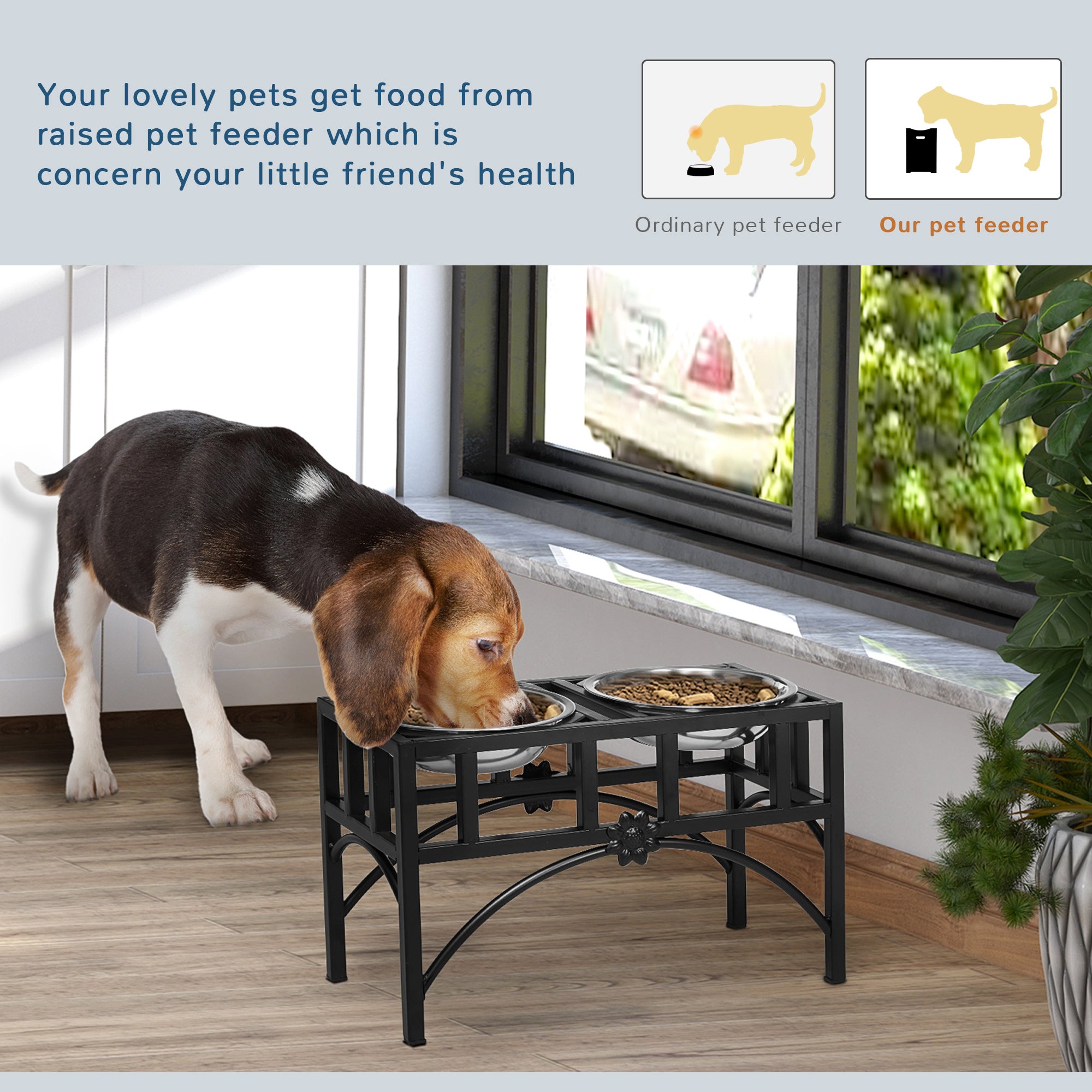 PawHut Elevated Dog Bowls, Double Stainless Steel Heavy Duty Dog Food Bowl Elevated Pet Feeding Station, 10.5" H