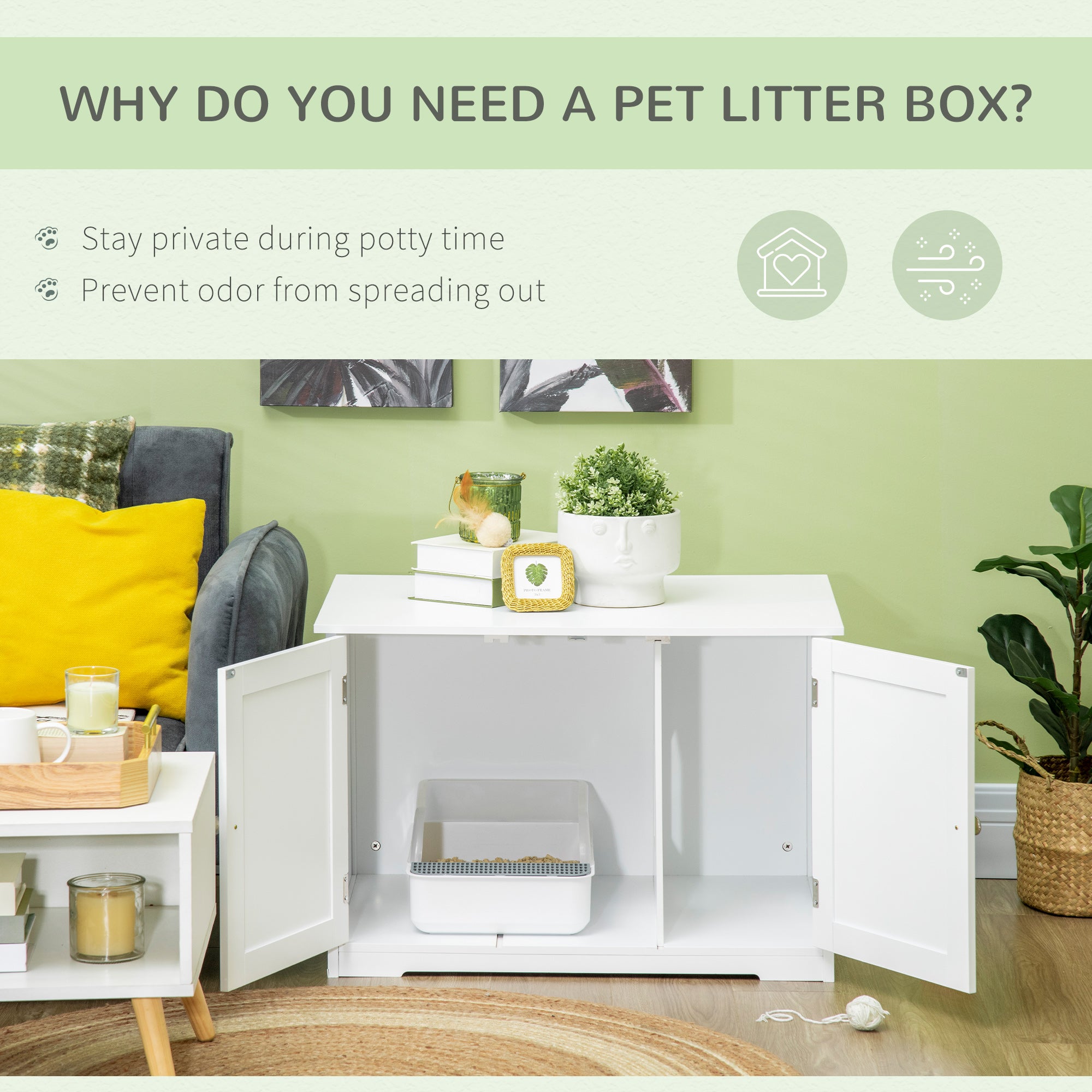 PawHut Modern Cat Litter Box Enclosure with Adjustable Partition for Customizable Space, Cat Washroom End Table for Indoor Cats with Hidden Storage Cabinet Space, White