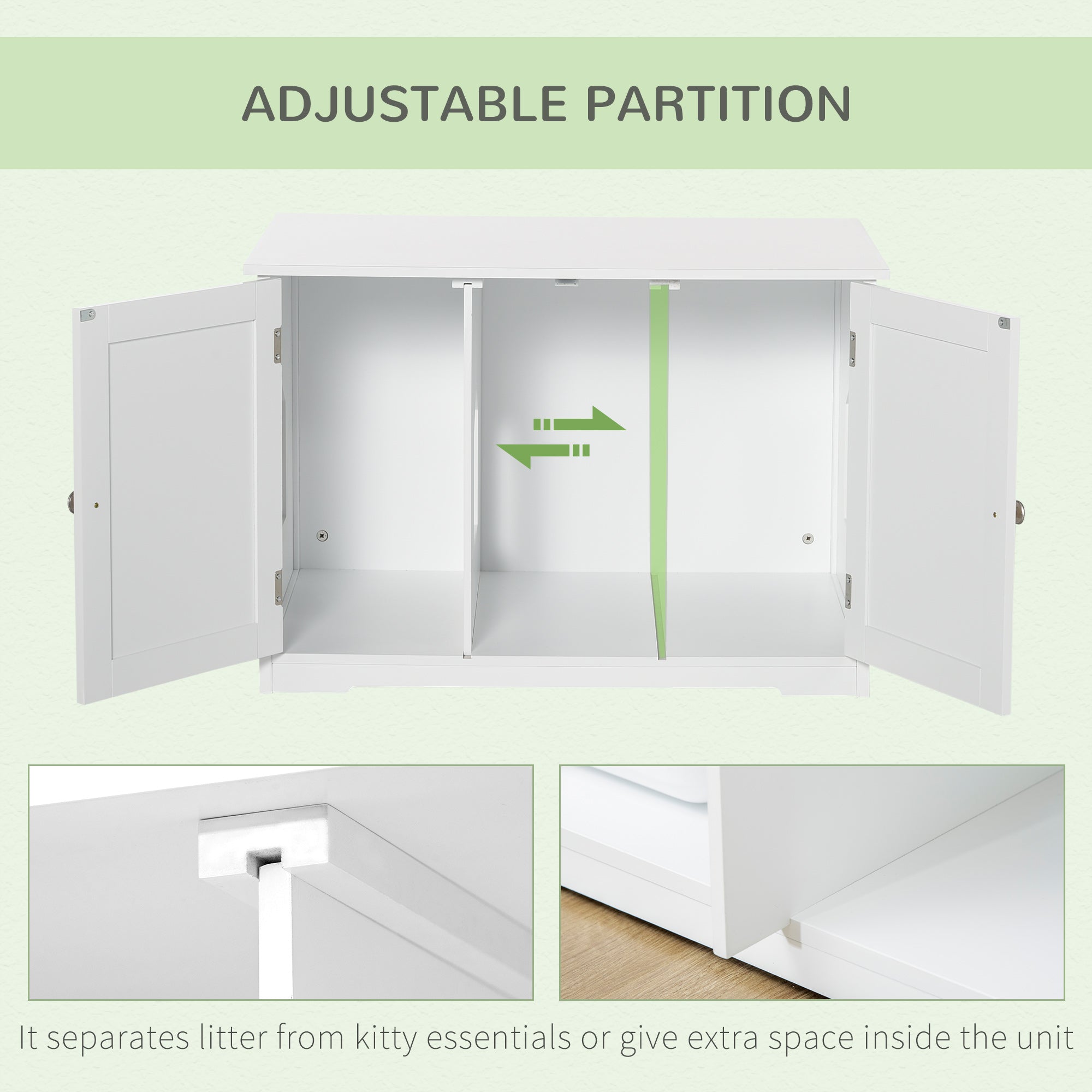 PawHut Modern Cat Litter Box Enclosure with Adjustable Partition for Customizable Space, Cat Washroom End Table for Indoor Cats with Hidden Storage Cabinet Space, White