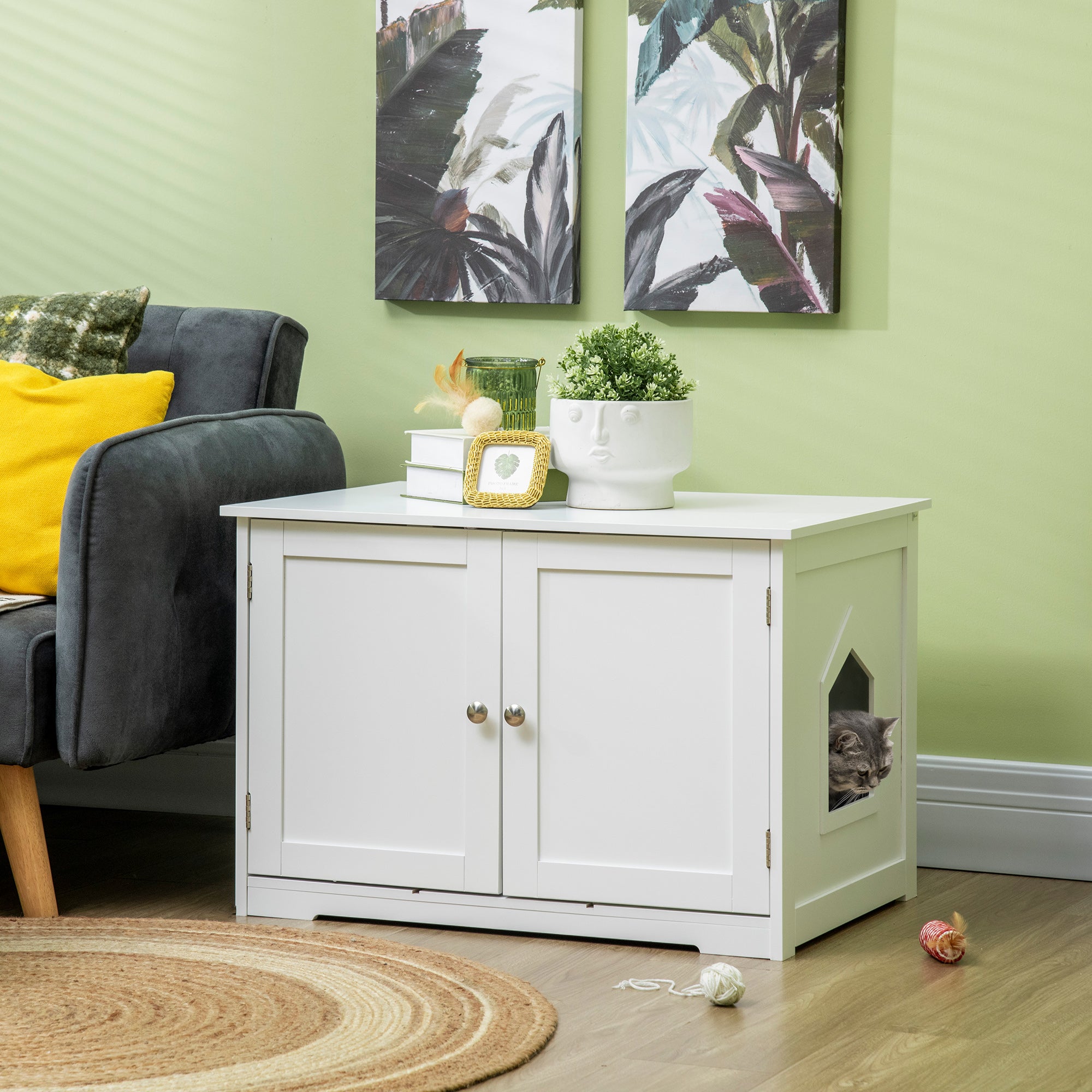 PawHut Modern Cat Litter Box Enclosure with Adjustable Partition for Customizable Space, Cat Washroom End Table for Indoor Cats with Hidden Storage Cabinet Space, White