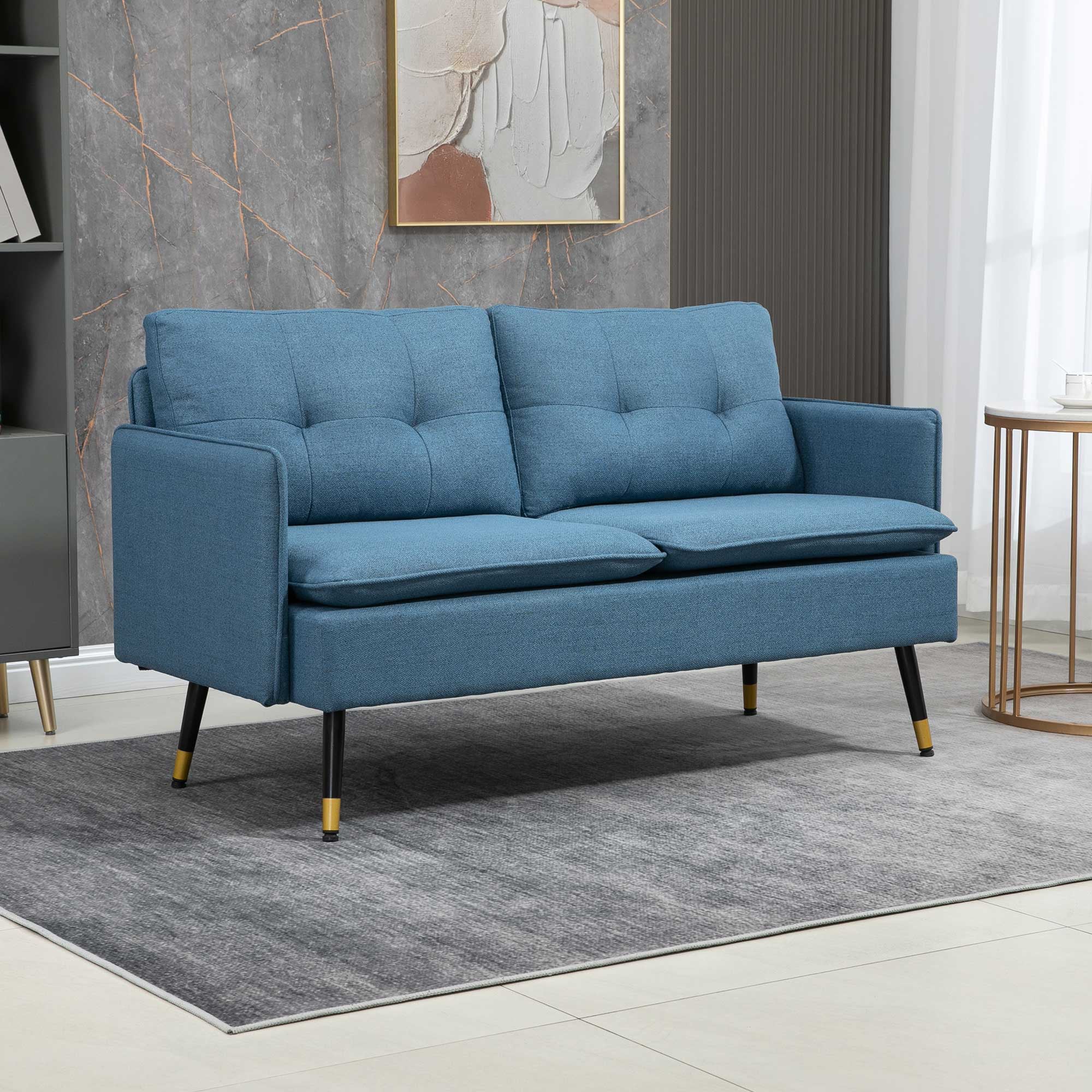 HOMCOM 55" Loveseat Sofa for Bedroom, Modern Love Seats Furniture with Button Tufting, Upholstered Small Couch for Living Room, Small Space, Dark Blue