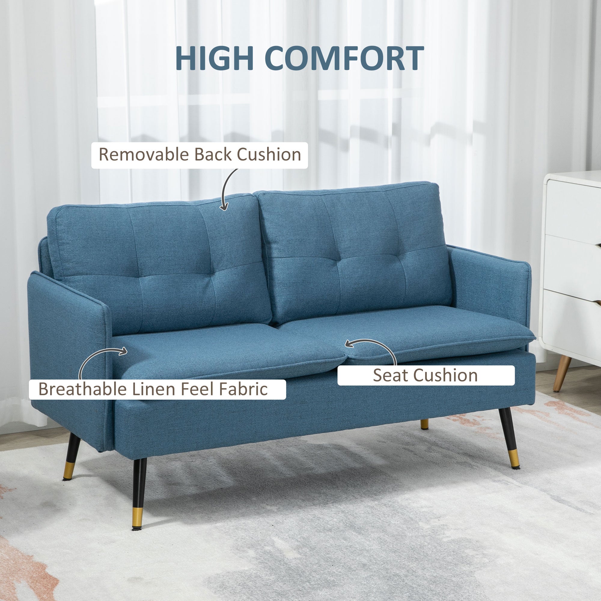 HOMCOM 55" Loveseat Sofa for Bedroom, Modern Love Seats Furniture with Button Tufting, Upholstered Small Couch for Living Room, Small Space, Dark Blue