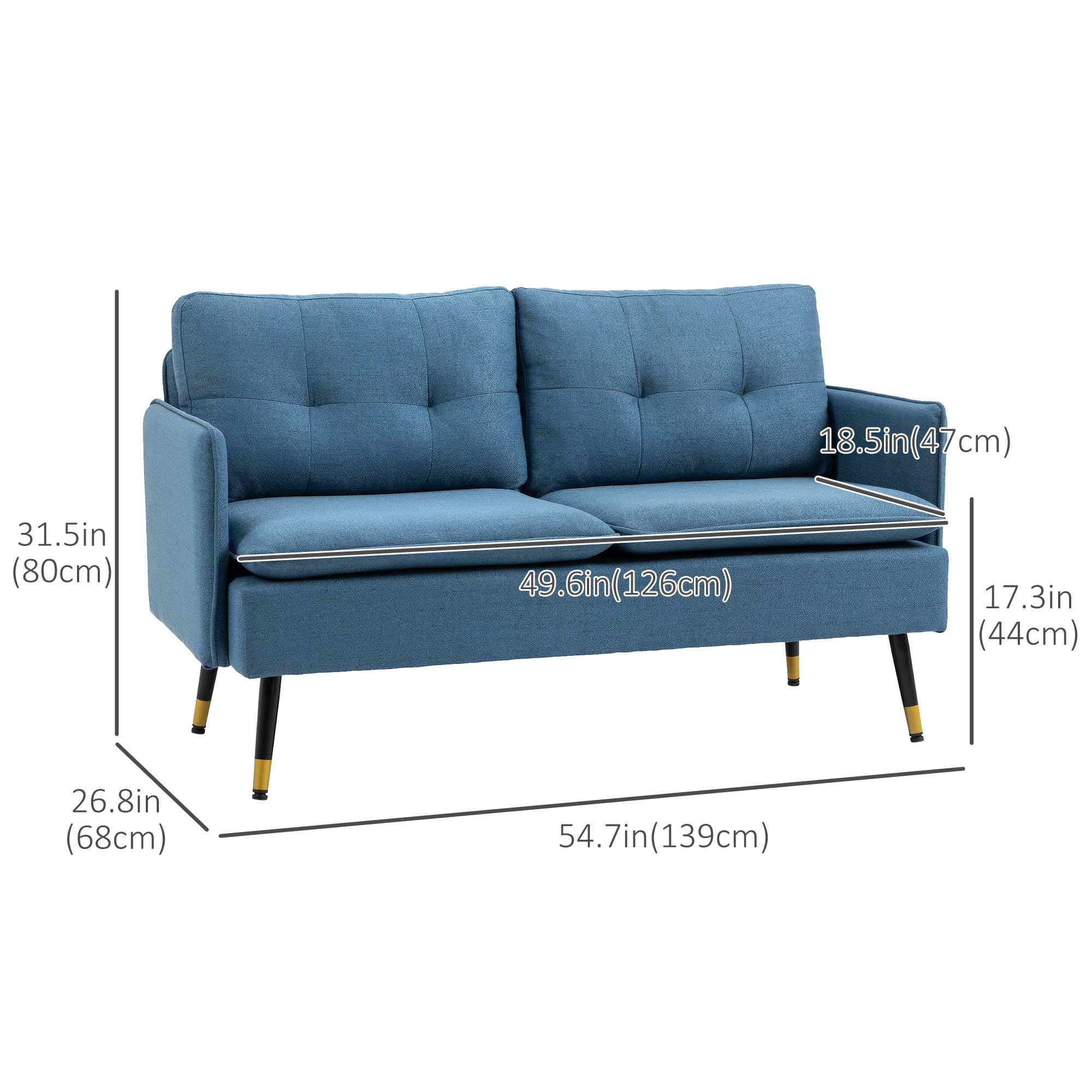 HOMCOM 55" Loveseat Sofa for Bedroom, Modern Love Seats Furniture with Button Tufting, Upholstered Small Couch for Living Room, Small Space, Dark Blue