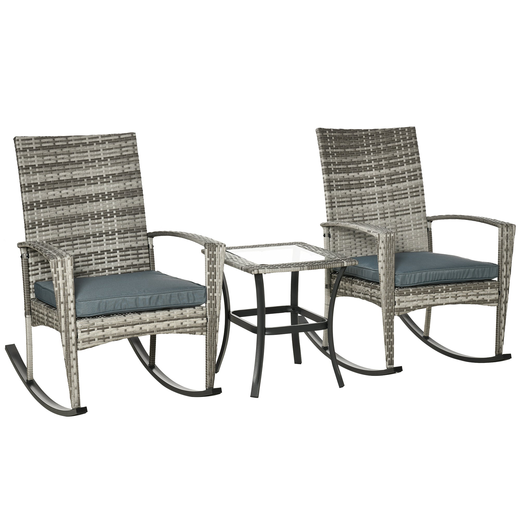 Outsunny 3 Pieces Patio Wicker Rocking Chair Set,  Outdoor PE Rattan Bistro Set Conversation Rocker Set with 2 Chairs 1 Coffee Table for Backyard, Deck, Poolside, Grey