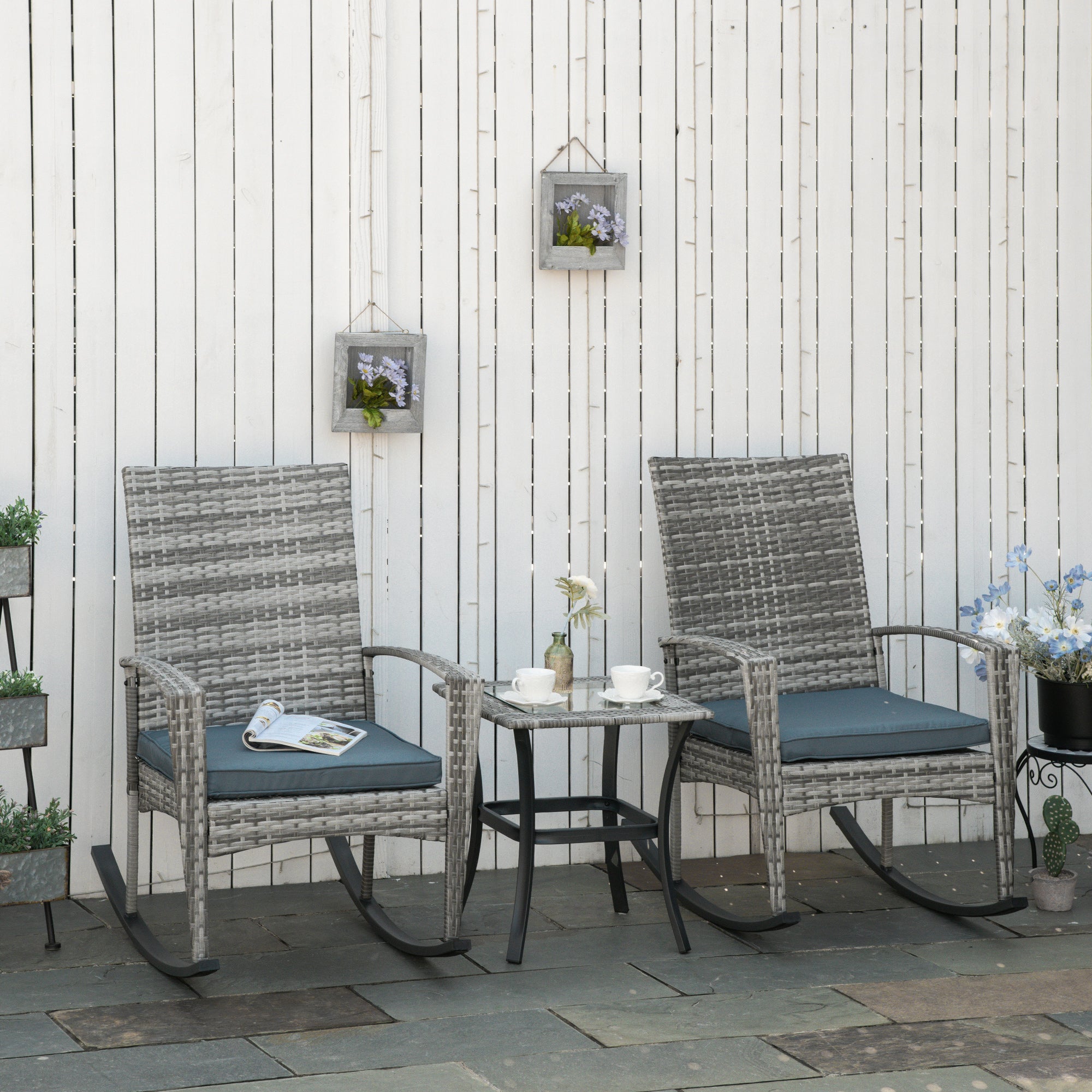 Outsunny 3 Pieces Patio Wicker Rocking Chair Set,  Outdoor PE Rattan Bistro Set Conversation Rocker Set with 2 Chairs 1 Coffee Table for Backyard, Deck, Poolside, Grey