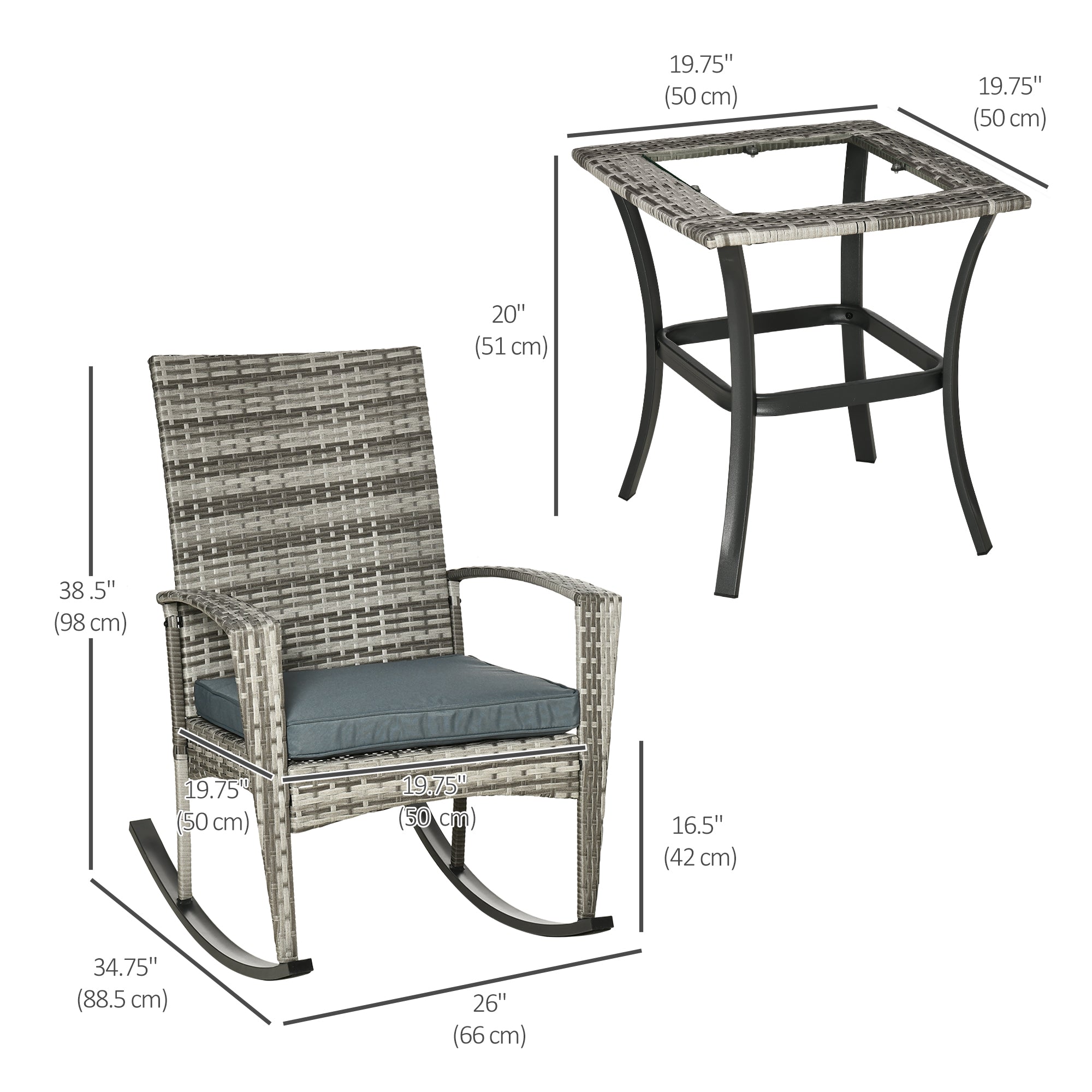Outsunny 3 Pieces Patio Wicker Rocking Chair Set,  Outdoor PE Rattan Bistro Set Conversation Rocker Set with 2 Chairs 1 Coffee Table for Backyard, Deck, Poolside, Grey