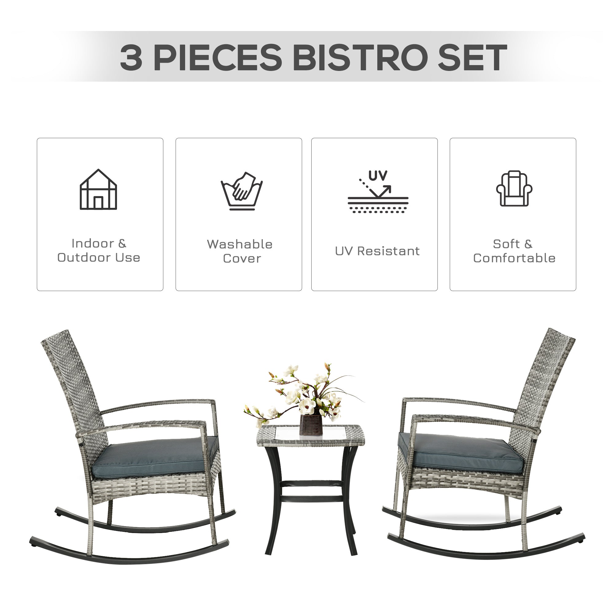 Outsunny 3 Pieces Patio Wicker Rocking Chair Set,  Outdoor PE Rattan Bistro Set Conversation Rocker Set with 2 Chairs 1 Coffee Table for Backyard, Deck, Poolside, Grey