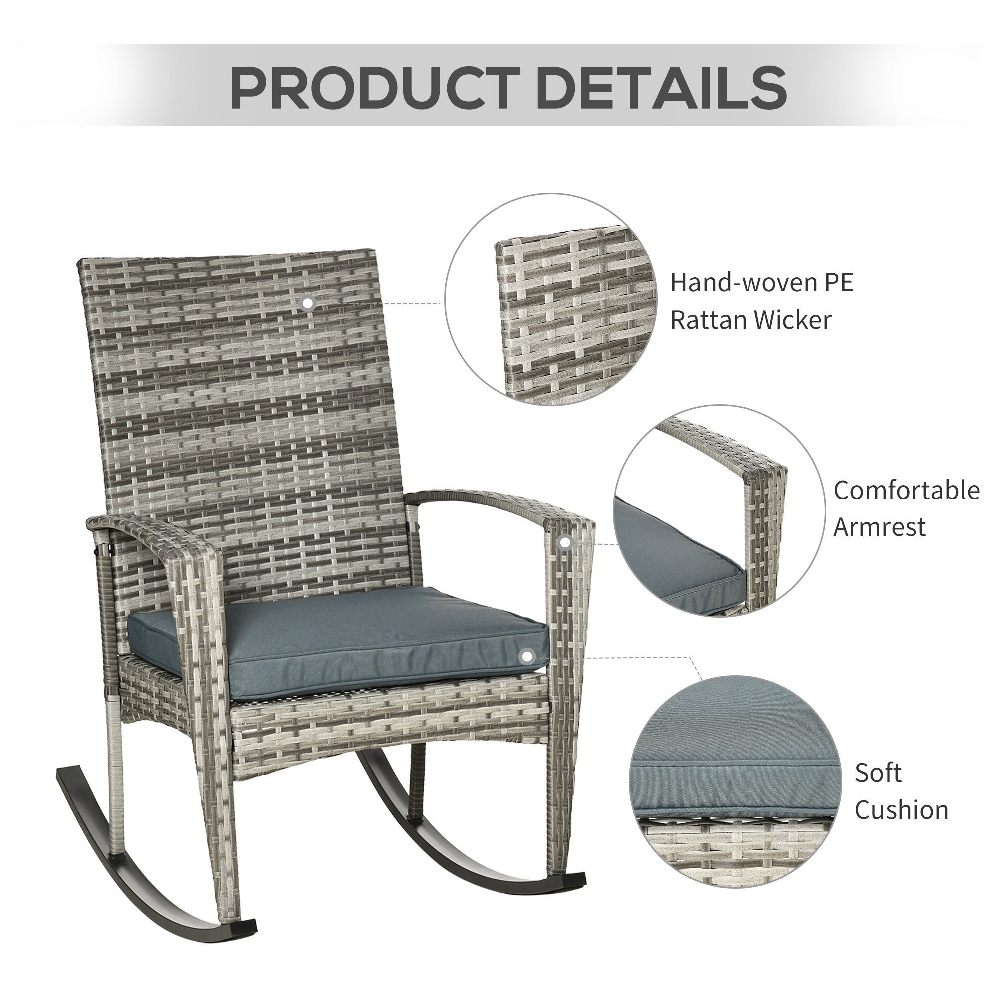 Outsunny 3 Pieces Patio Wicker Rocking Chair Set,  Outdoor PE Rattan Bistro Set Conversation Rocker Set with 2 Chairs 1 Coffee Table for Backyard, Deck, Poolside, Grey