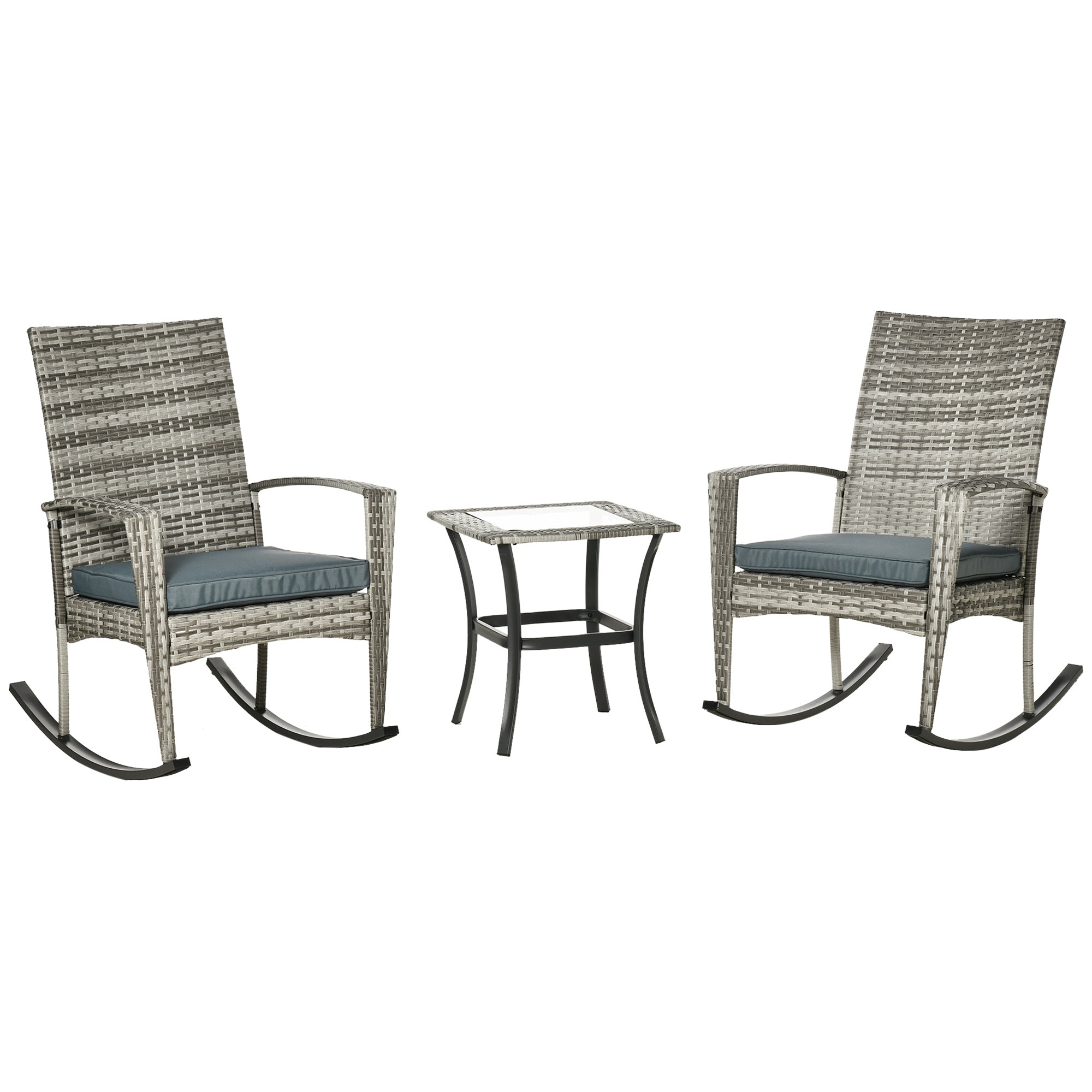 Outsunny 3 Pieces Patio Wicker Rocking Chair Set,  Outdoor PE Rattan Bistro Set Conversation Rocker Set with 2 Chairs 1 Coffee Table for Backyard, Deck, Poolside, Grey