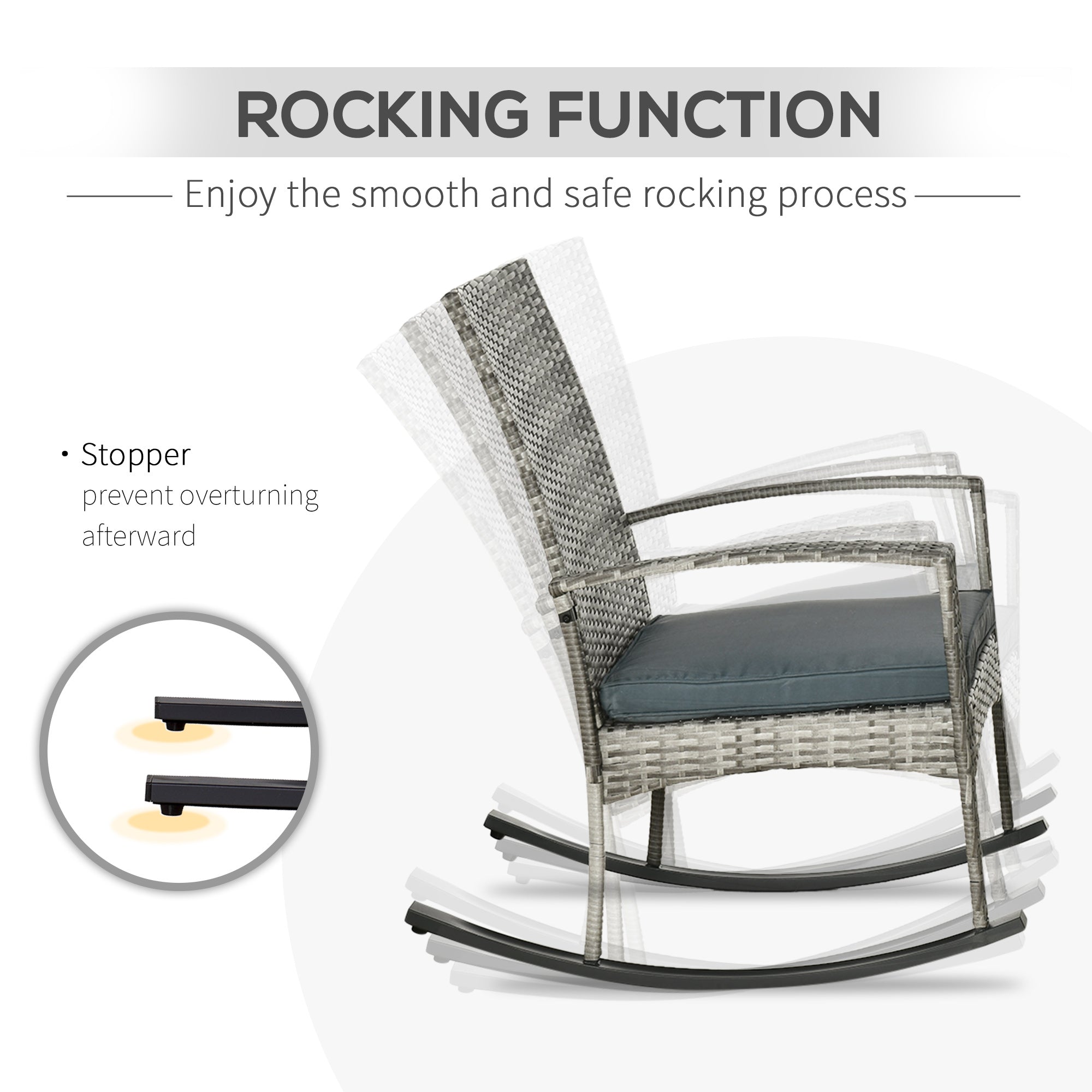 Outsunny 3 Pieces Patio Wicker Rocking Chair Set,  Outdoor PE Rattan Bistro Set Conversation Rocker Set with 2 Chairs 1 Coffee Table for Backyard, Deck, Poolside, Grey