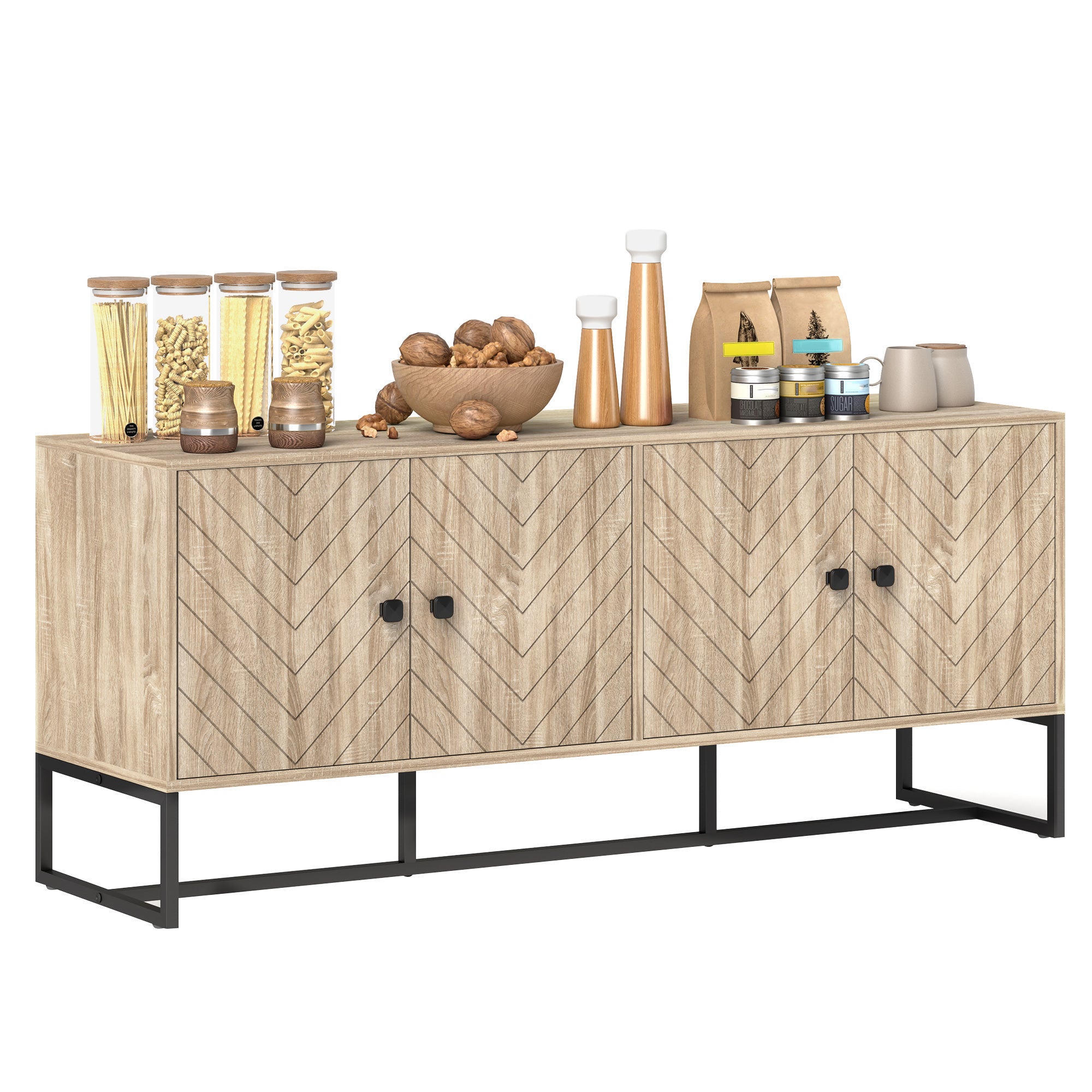 HOMCOM Modern Sideboard, Buffet Cabinet with 4 Chevron Doors and 2 Adjustable Shelves, Kitchen Storage Cabinet with Steel Base, Coffee Bar Cabinet, 23.6" H, Oak