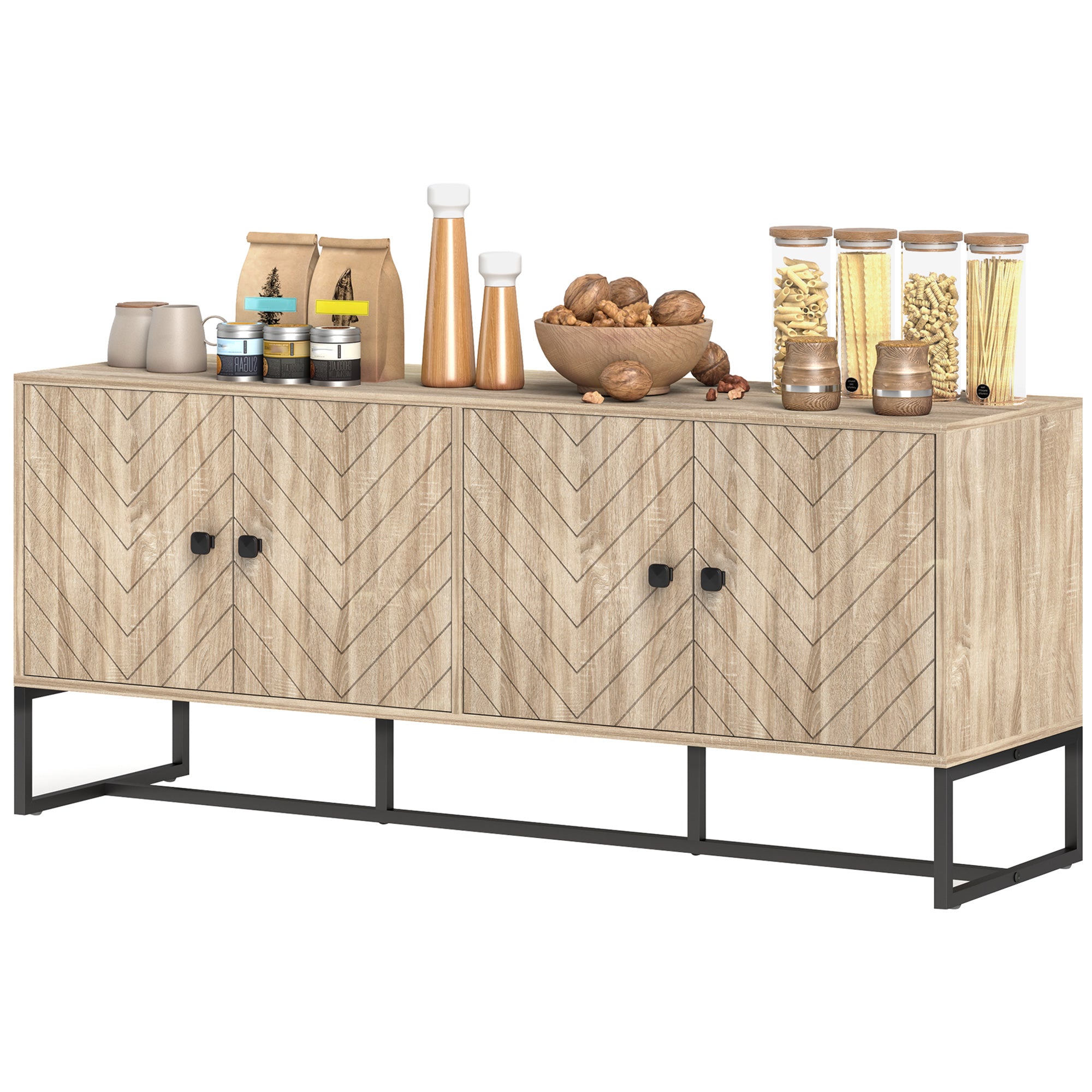 HOMCOM Modern Sideboard, Buffet Cabinet with 4 Chevron Doors and 2 Adjustable Shelves, Kitchen Storage Cabinet with Steel Base, Coffee Bar Cabinet, 23.6" H, Oak