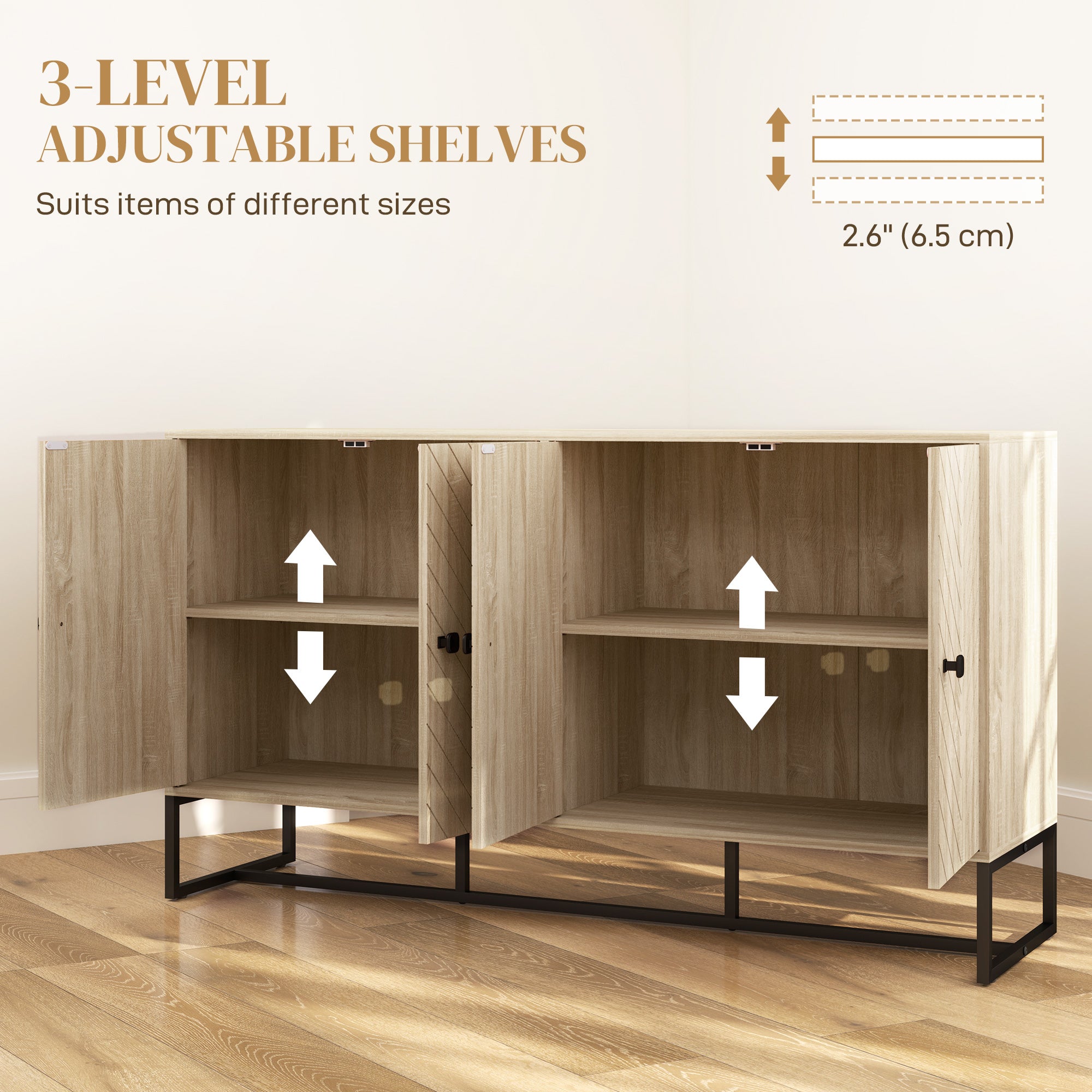 HOMCOM Modern Sideboard, Buffet Cabinet with 4 Chevron Doors and 2 Adjustable Shelves, Kitchen Storage Cabinet with Steel Base, Coffee Bar Cabinet, 23.6