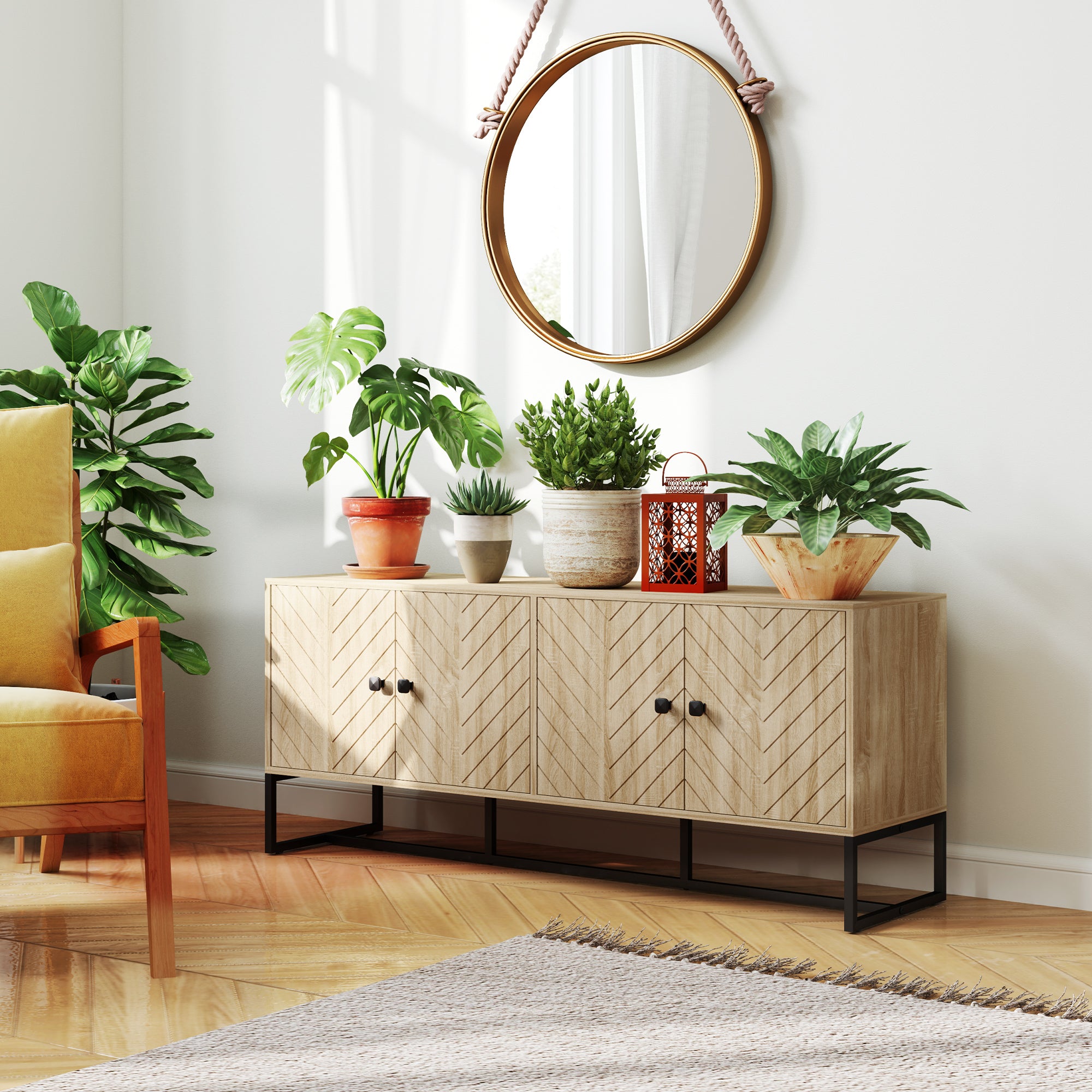 HOMCOM Modern Sideboard, Buffet Cabinet with 4 Chevron Doors and 2 Adjustable Shelves, Kitchen Storage Cabinet with Steel Base, Coffee Bar Cabinet, 23.6" H, Oak