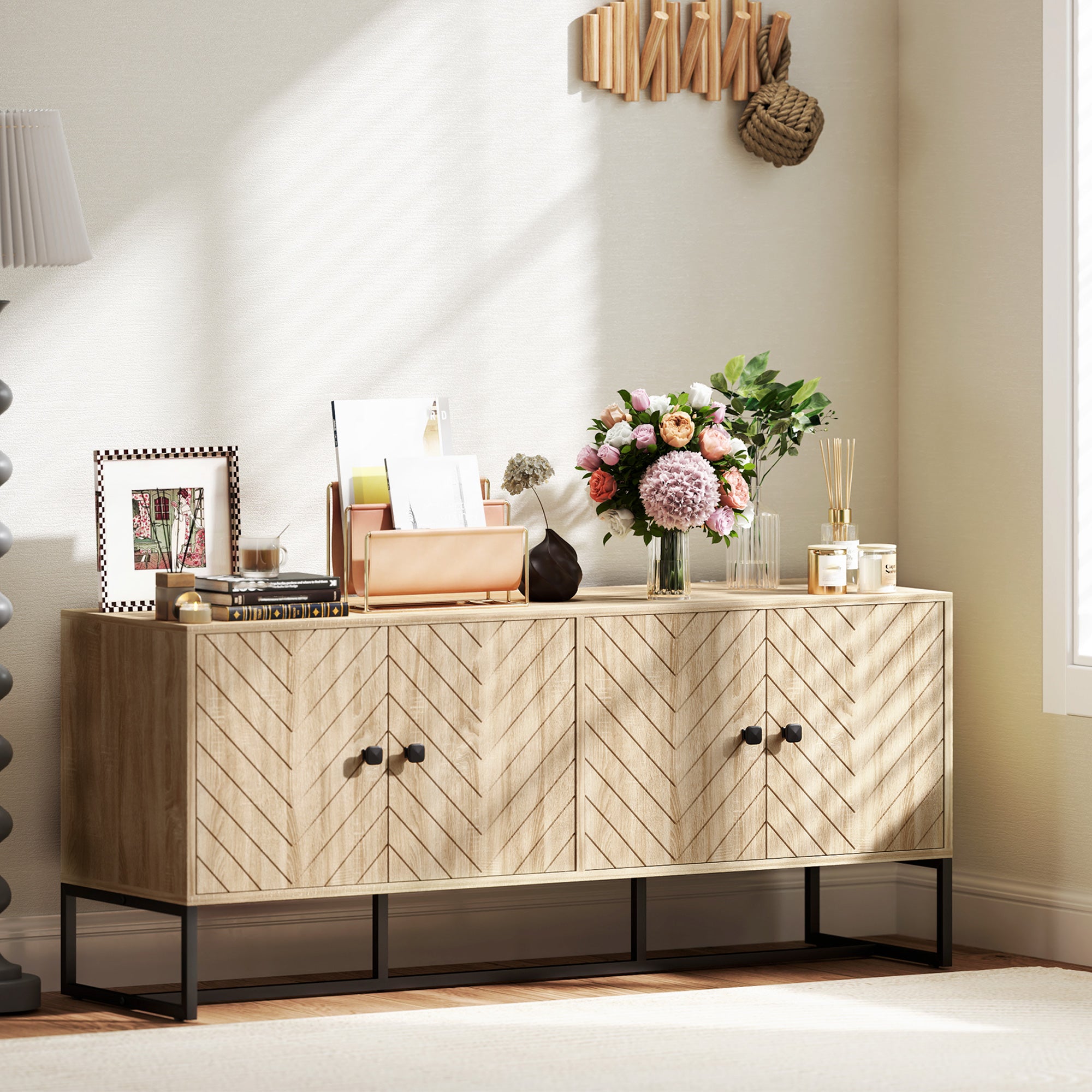 HOMCOM Modern Sideboard, Buffet Cabinet with 4 Chevron Doors and 2 Adjustable Shelves, Kitchen Storage Cabinet with Steel Base, Coffee Bar Cabinet, 23.6
