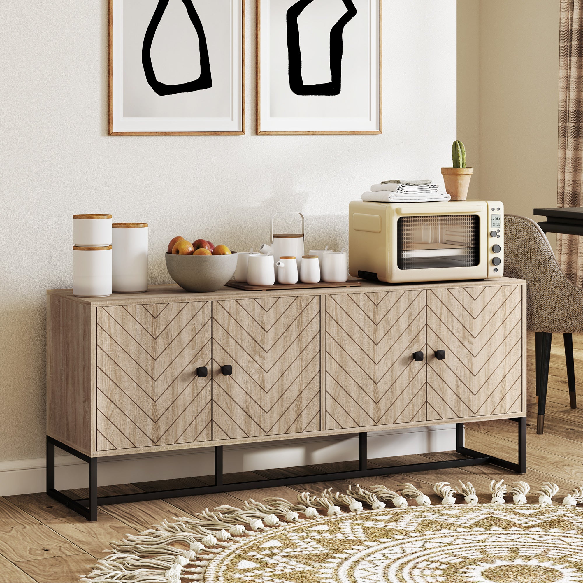 HOMCOM Modern Sideboard, Buffet Cabinet with 4 Chevron Doors and 2 Adjustable Shelves, Kitchen Storage Cabinet with Steel Base, Coffee Bar Cabinet, 23.6" H, Oak