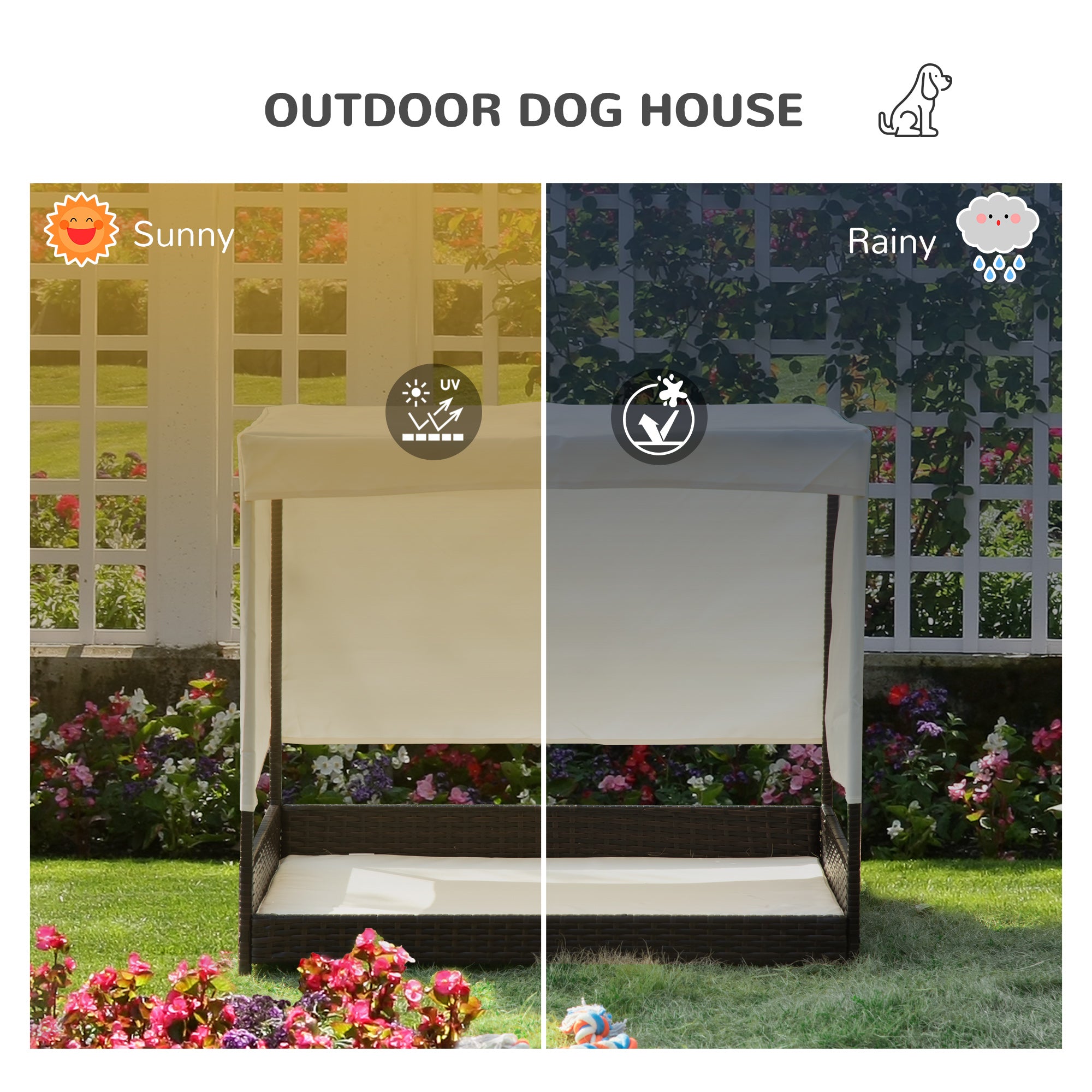 PawHut Wicker Dog House Elevated Pet Bed with Shade Canopy for Medium Large Dogs Indoor Outdoor with Cushion, 36" x 28" x 32"