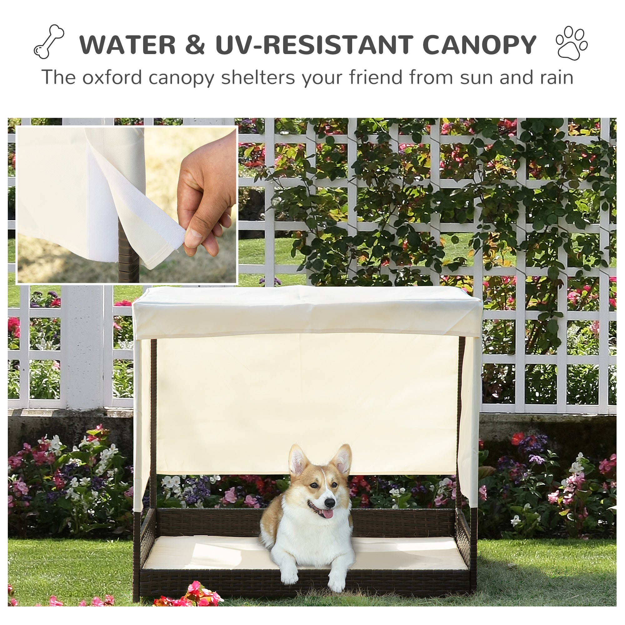 PawHut Wicker Dog House Elevated Pet Bed with Shade Canopy for Medium Large Dogs Indoor Outdoor with Cushion, 36" x 28" x 32"