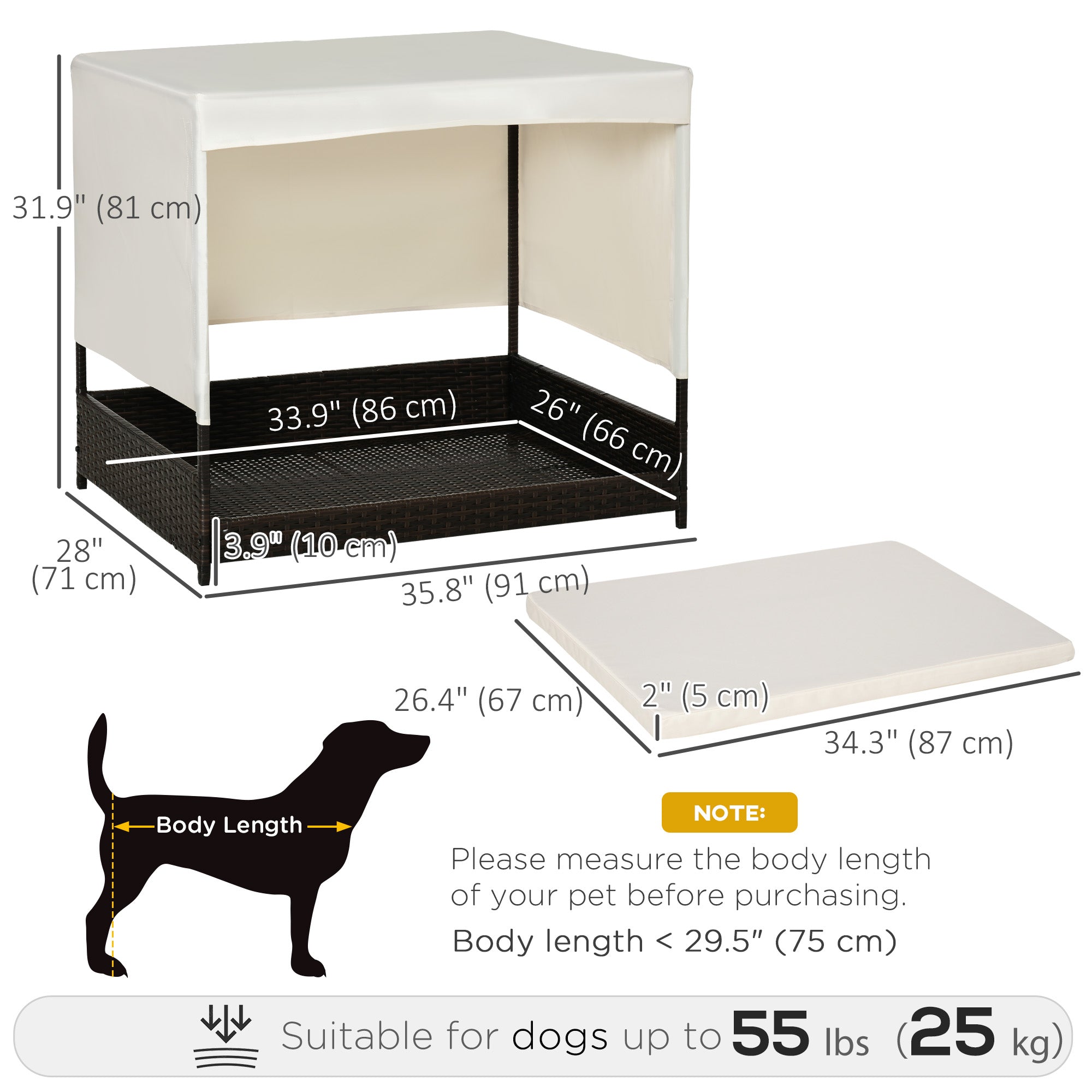 PawHut Wicker Dog House Elevated Pet Bed with Shade Canopy for Medium Large Dogs Indoor Outdoor with Cushion, 36" x 28" x 32"