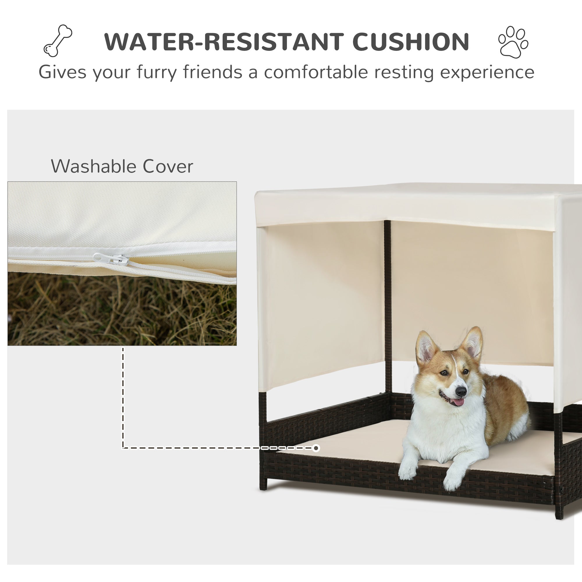 PawHut Wicker Dog House Elevated Pet Bed with Shade Canopy for Medium Large Dogs Indoor Outdoor with Cushion, 36" x 28" x 32"