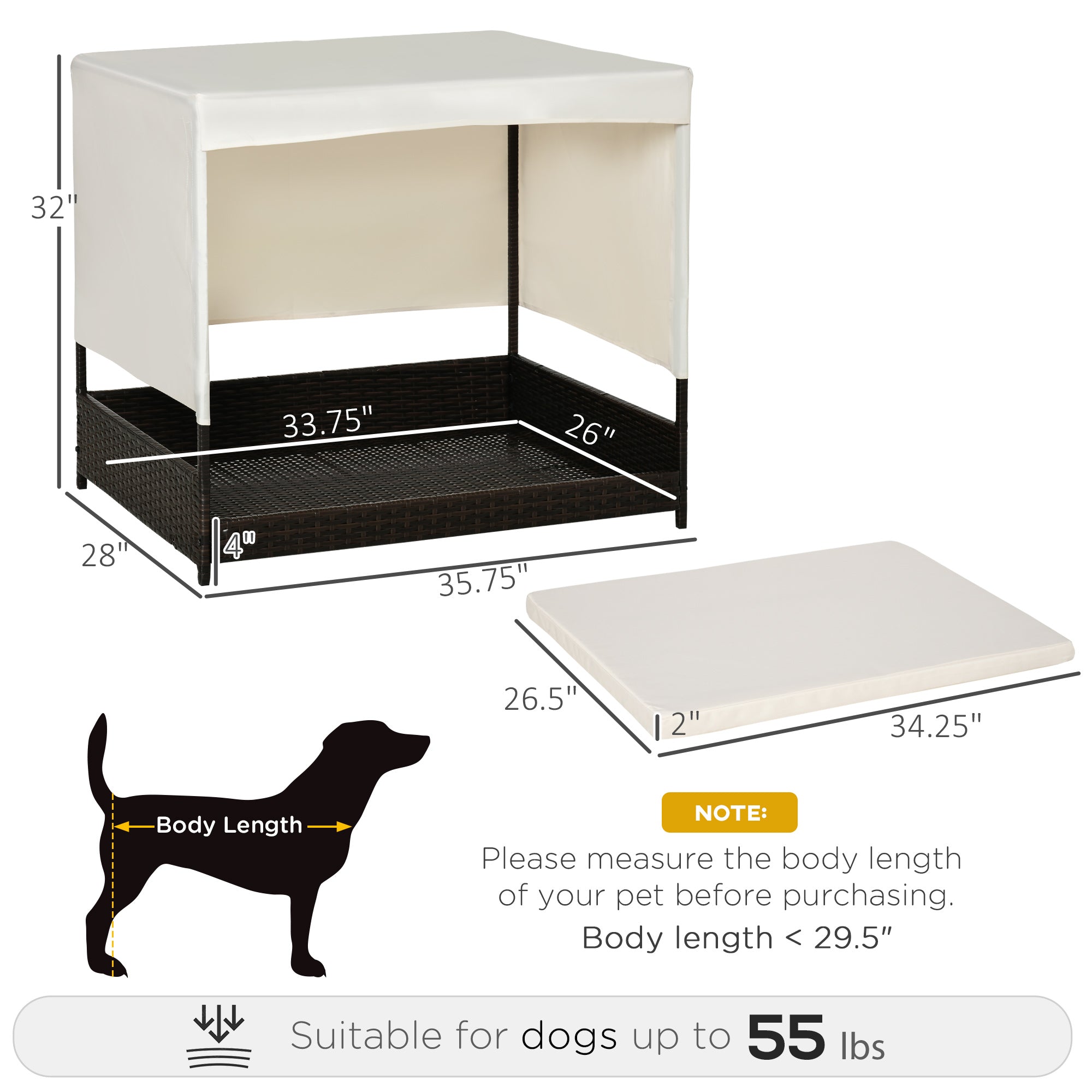 PawHut Wicker Dog House Elevated Pet Bed with Shade Canopy for Medium Large Dogs Indoor Outdoor with Cushion, 36" x 28" x 32"