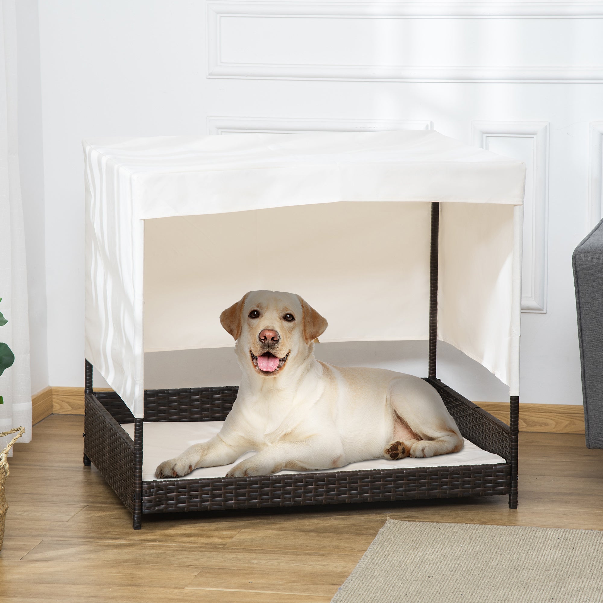 PawHut Wicker Dog House Elevated Pet Bed with Shade Canopy for Medium Large Dogs Indoor Outdoor with Cushion, 36" x 28" x 32"