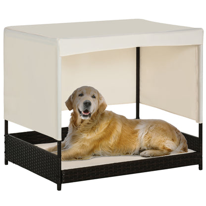 PawHut Wicker Dog House Elevated Pet Bed with Shade Canopy for Medium Large Dogs Indoor Outdoor with Cushion, 36" x 28" x 32"