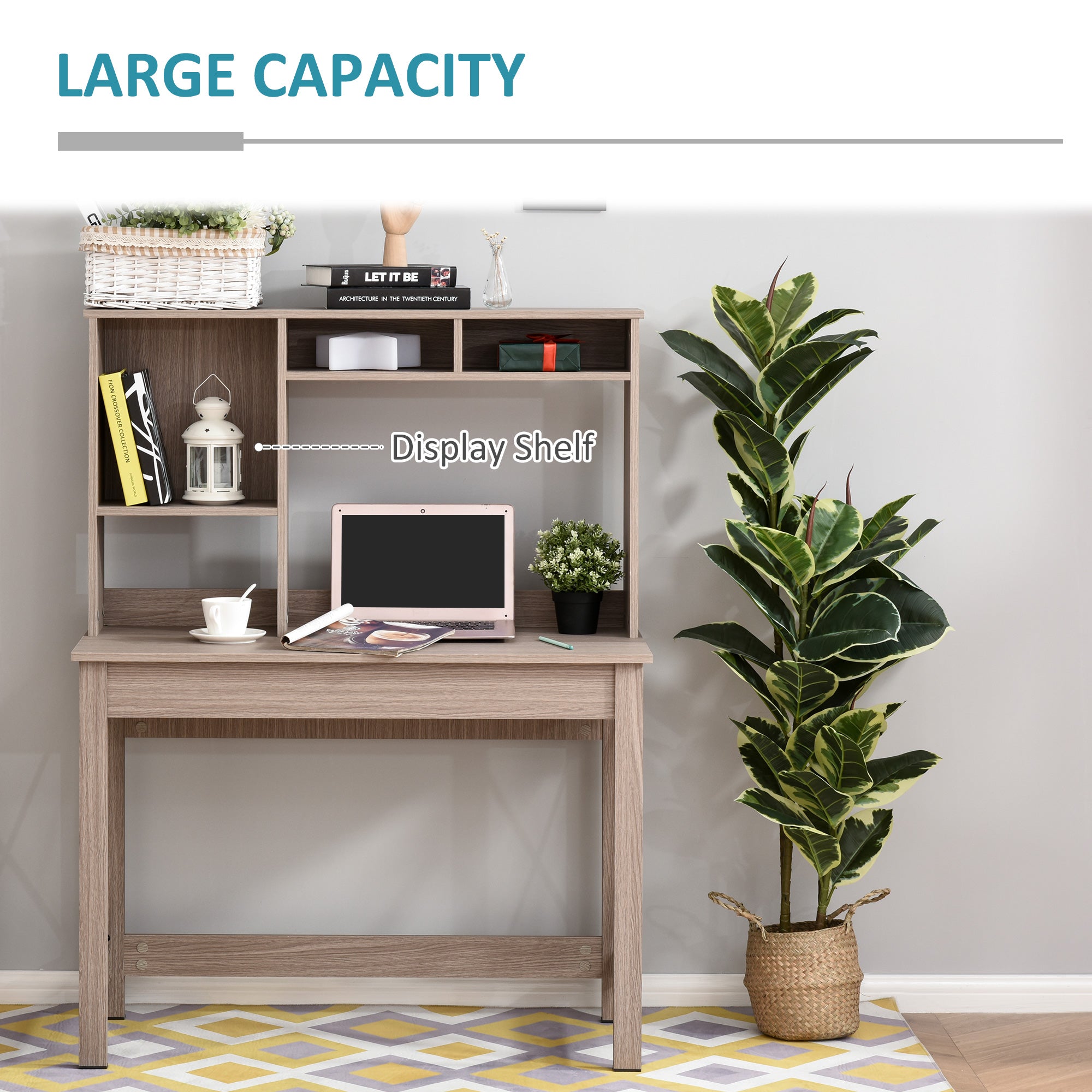 HOMCOM Computer Desk with Storage, Study Table with Bookshelves for Writing Work Bedroom Home Office Workstation, Brown