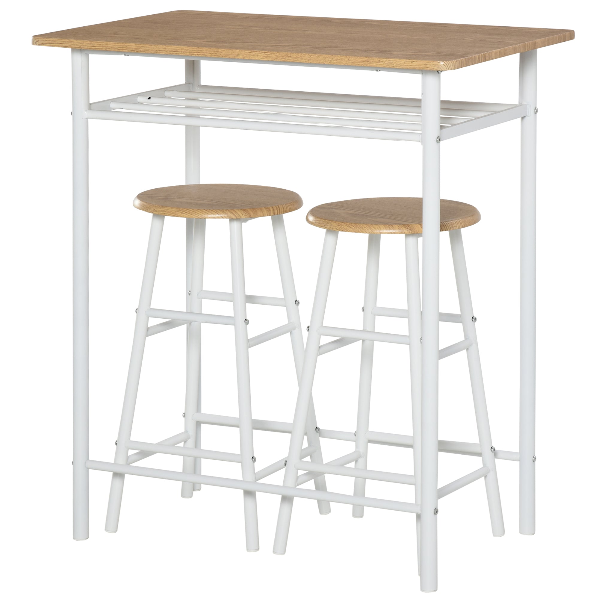 HOMCOM 3 Piece Counter Height Bar Table Set with 1 Table, 2 Matching Stools, Dining Table Set with Storage Shelf and Metal Frame Footrest, White and Oak
