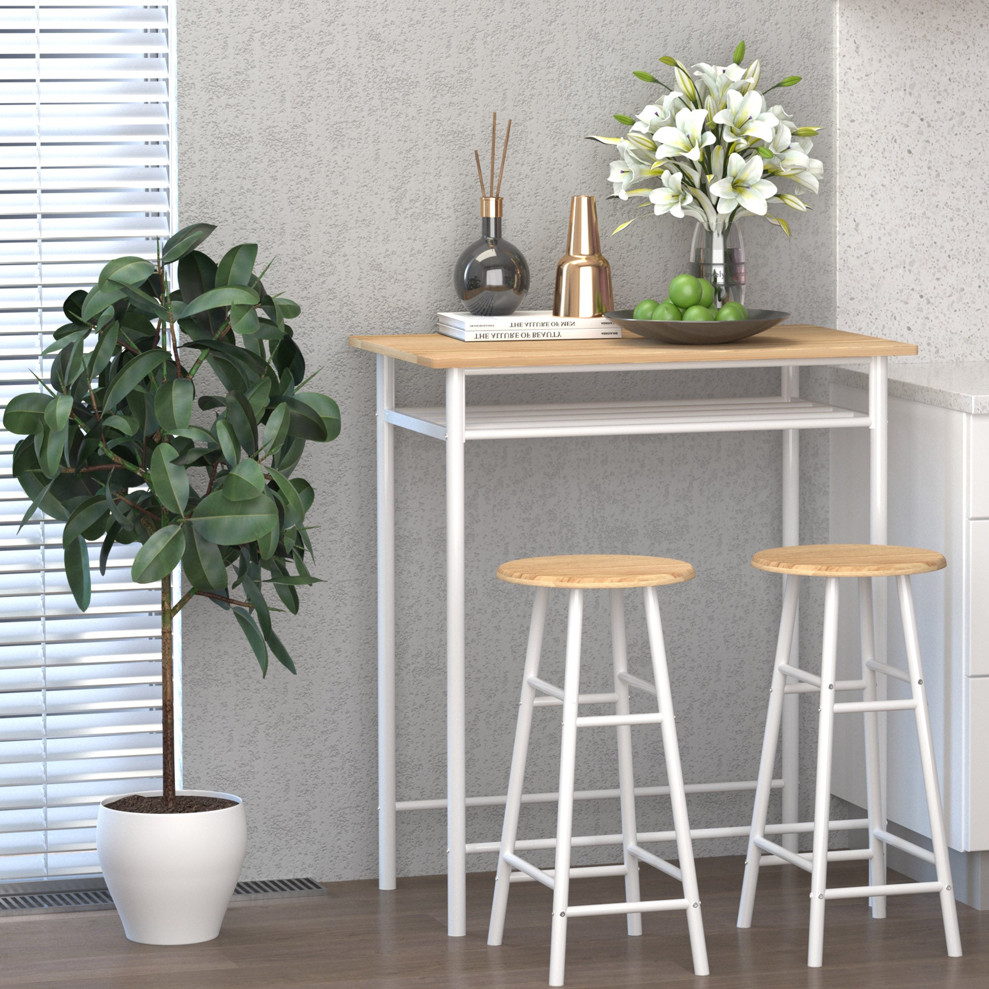 HOMCOM 3 Piece Counter Height Bar Table Set with 1 Table, 2 Matching Stools, Dining Table Set with Storage Shelf and Metal Frame Footrest, White and Oak