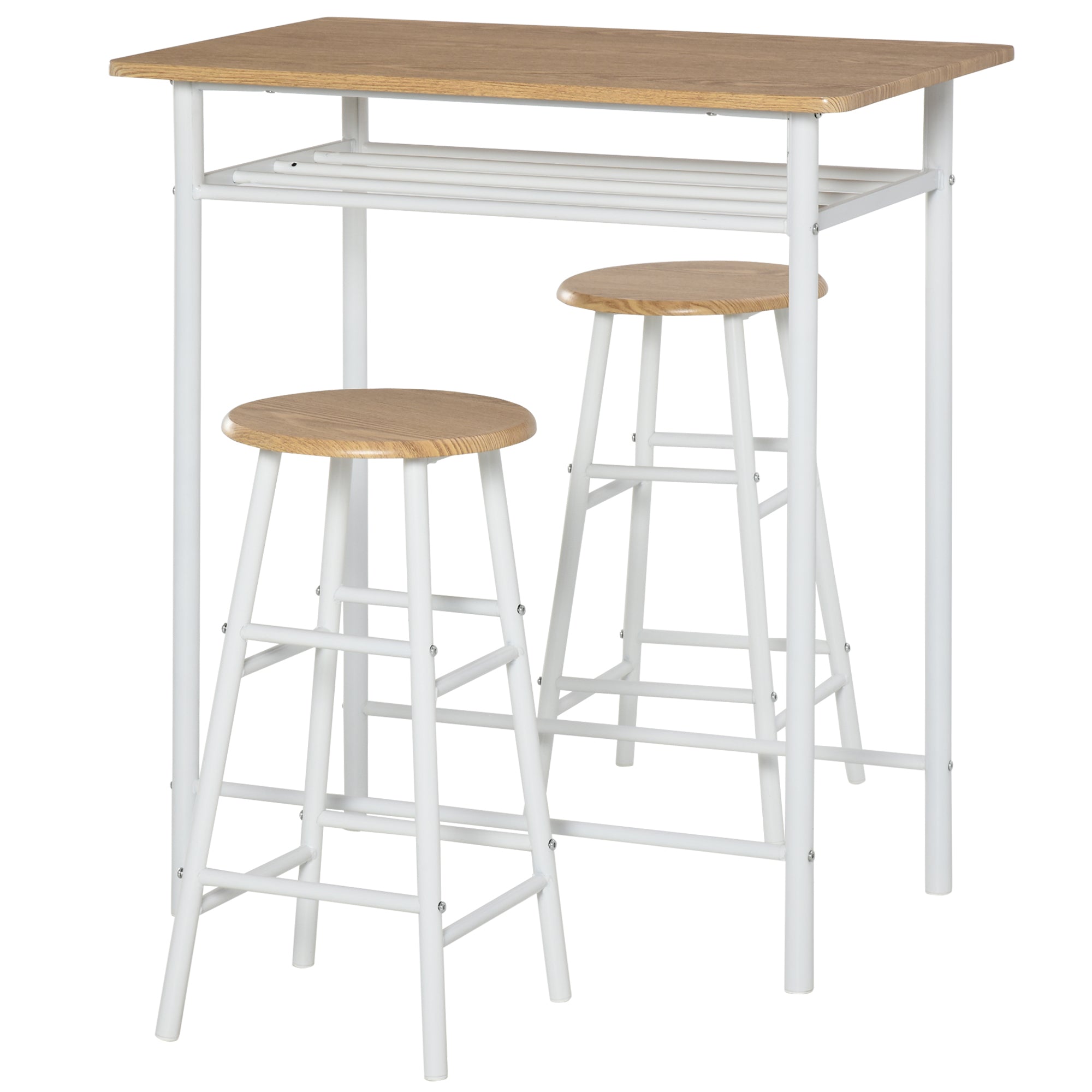 HOMCOM 3 Piece Counter Height Bar Table Set with 1 Table, 2 Matching Stools, Dining Table Set with Storage Shelf and Metal Frame Footrest, White and Oak
