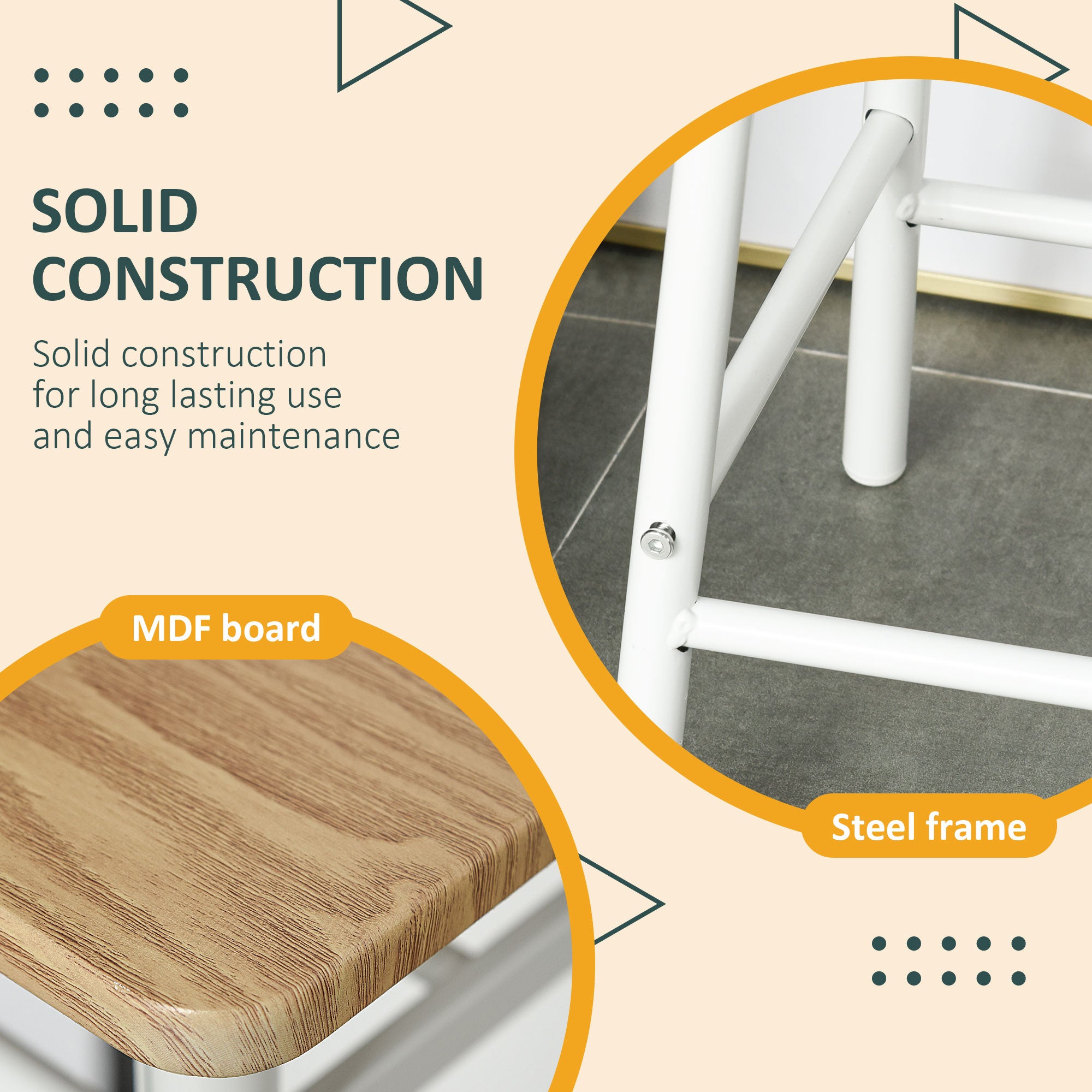 HOMCOM 3 Piece Counter Height Bar Table Set with 1 Table, 2 Matching Stools, Dining Table Set with Storage Shelf and Metal Frame Footrest, White and Oak