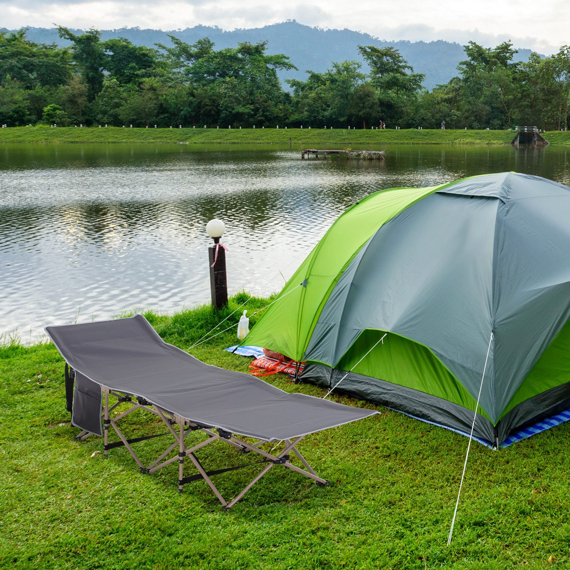 Outsunny Folding Camping Cot for Adults with Carry Bag, Side Pocket, Outdoor Portable Sleeping Bed for Travel Camp Vocation, Grey