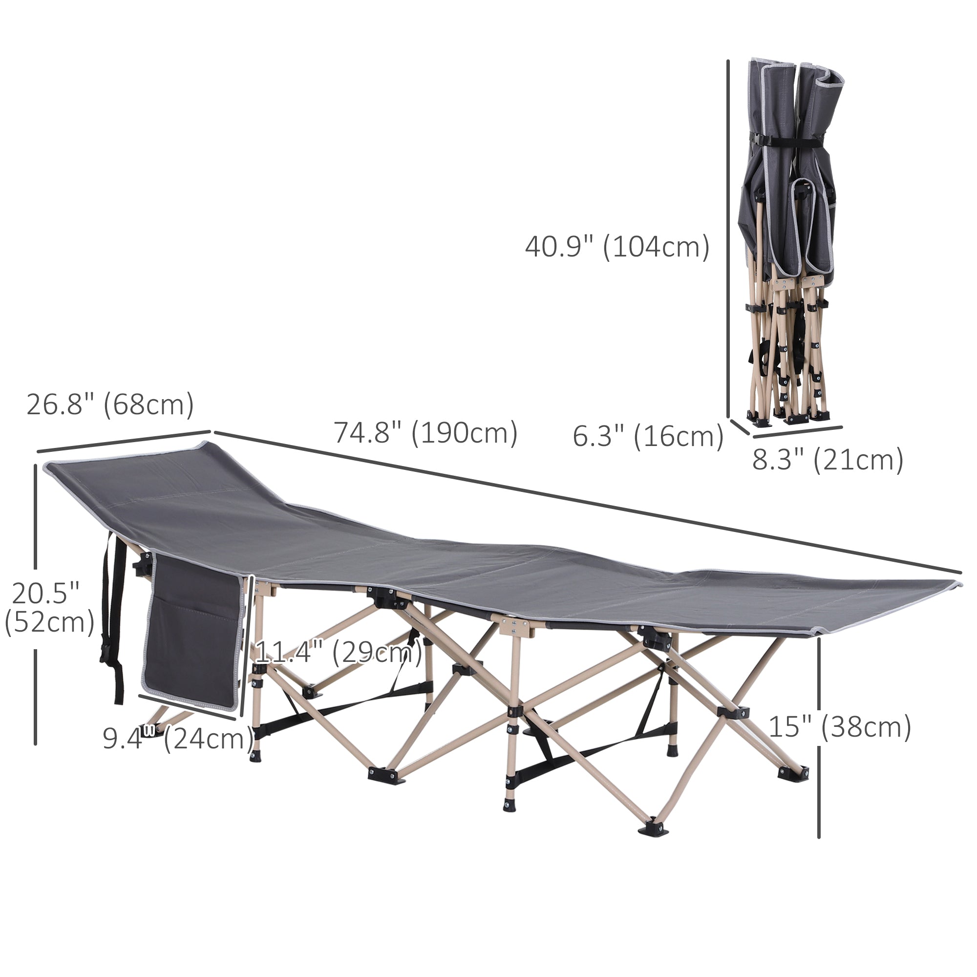 Outsunny Folding Camping Cot for Adults with Carry Bag, Side Pocket, Outdoor Portable Sleeping Bed for Travel Camp Vocation, Grey