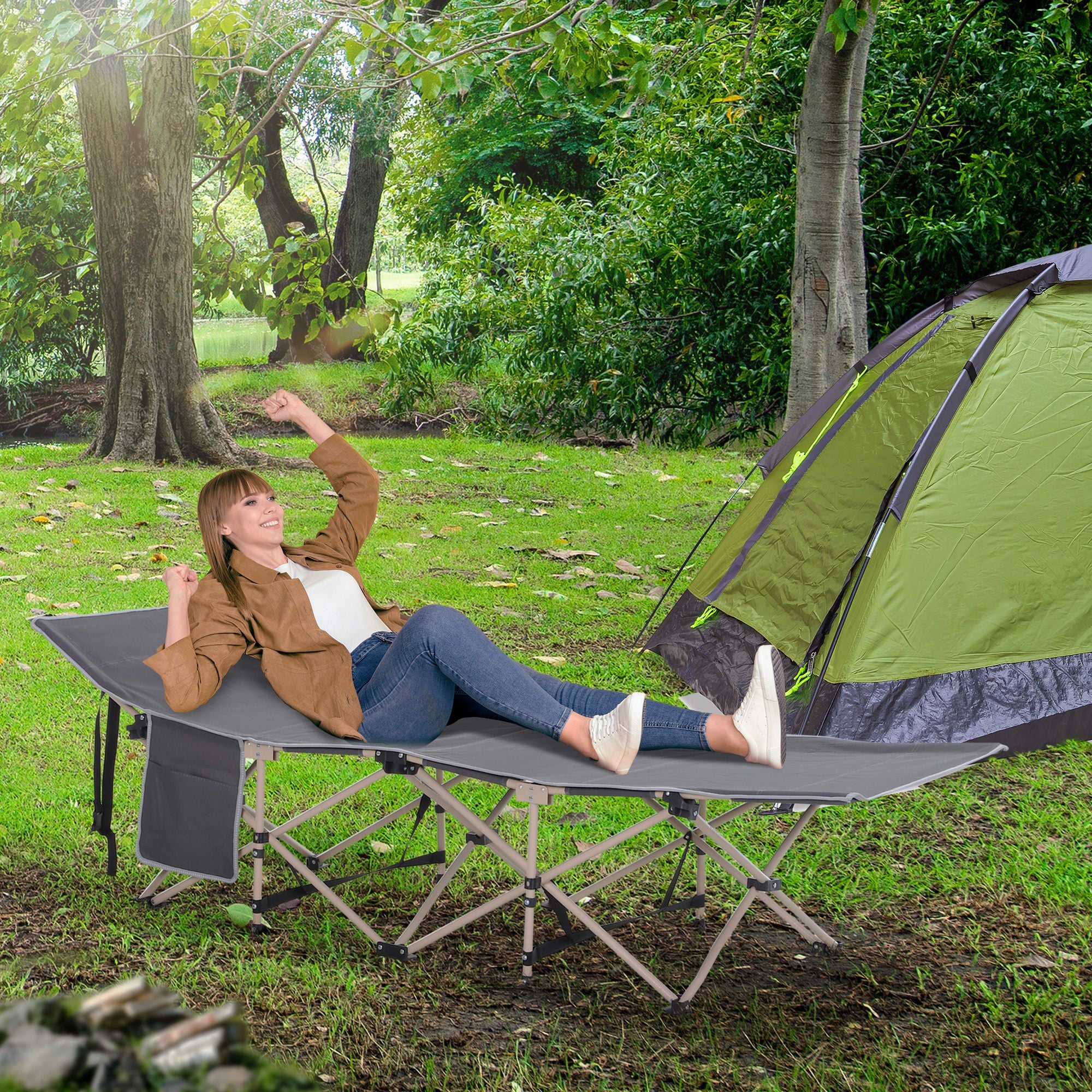 Outsunny Folding Camping Cot for Adults with Carry Bag, Side Pocket, Outdoor Portable Sleeping Bed for Travel Camp Vocation, Grey