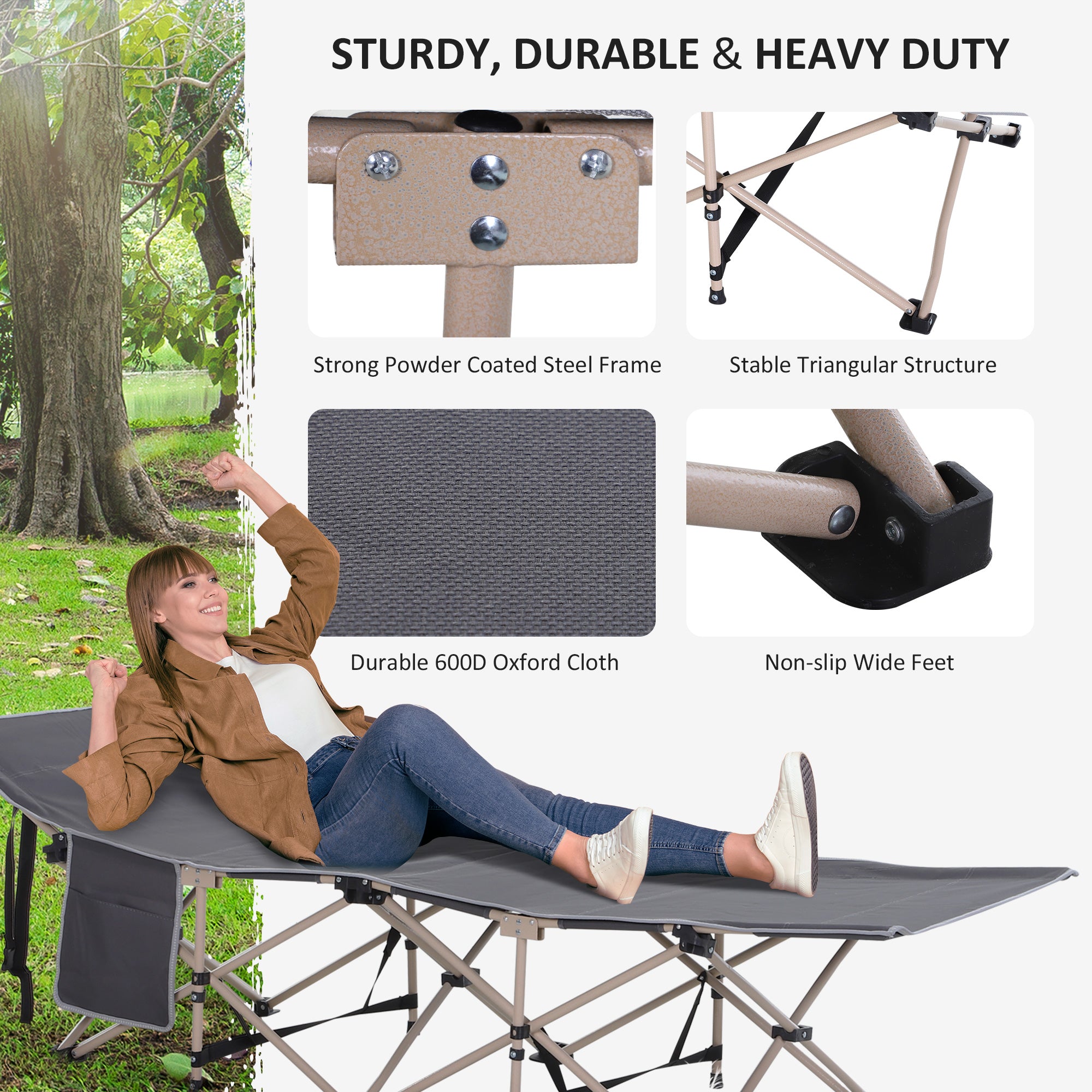 Outsunny Folding Camping Cot for Adults with Carry Bag, Side Pocket, Outdoor Portable Sleeping Bed for Travel Camp Vocation, Grey