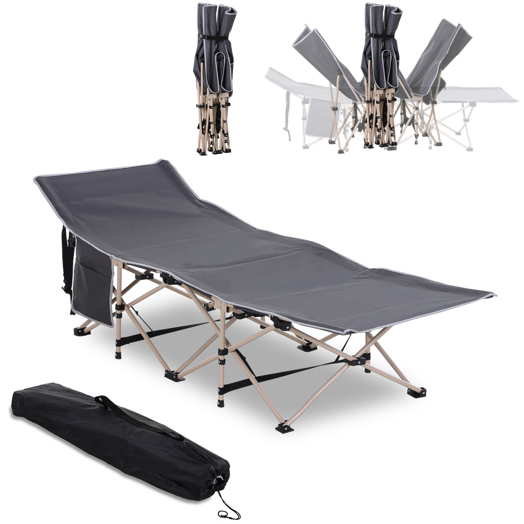 Outsunny Folding Camping Cot for Adults with Carry Bag, Side Pocket, Outdoor Portable Sleeping Bed for Travel Camp Vocation, Grey