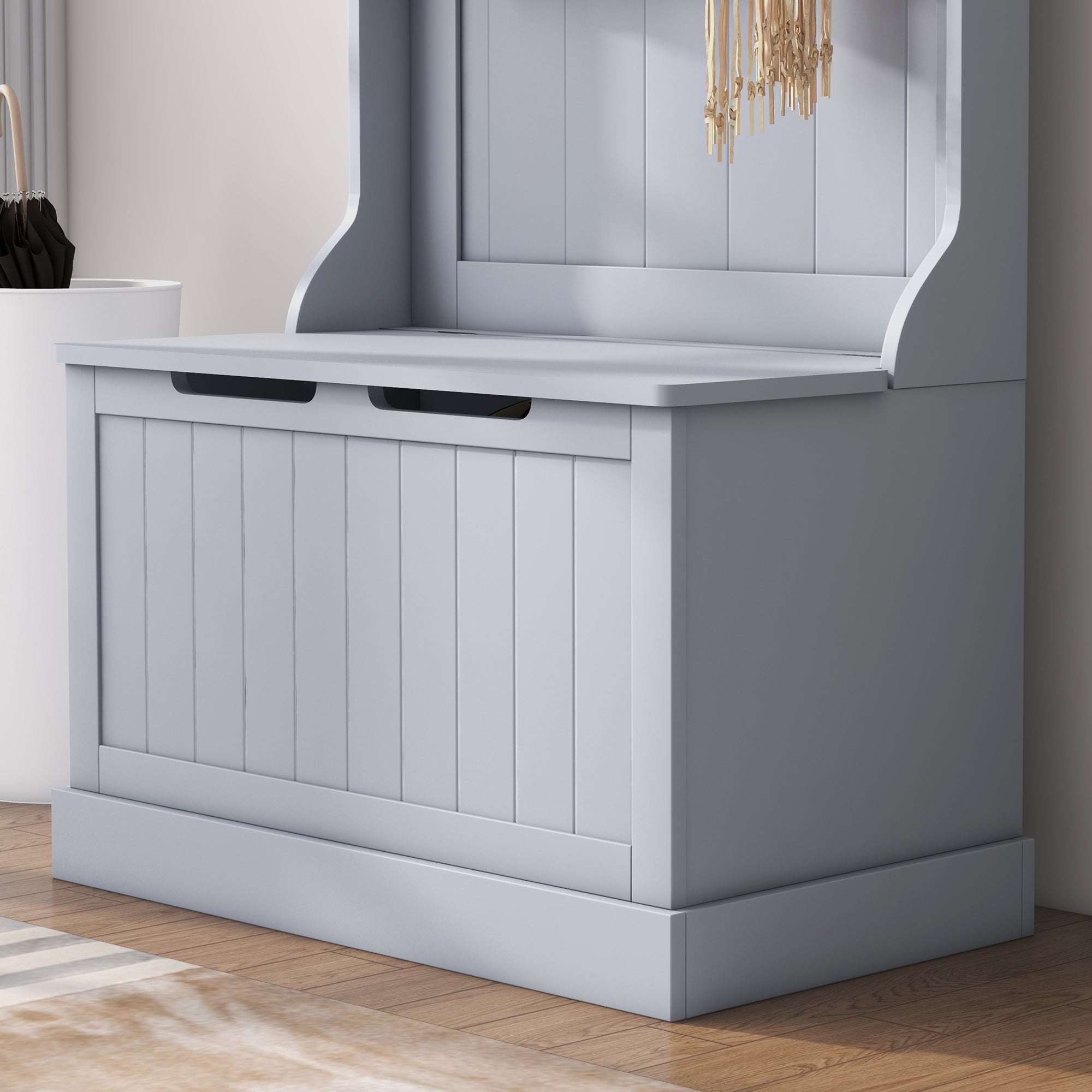 HOMCOM 28" Coat Rack, 3-In-1 Entryway Hall Tree with Shoe Storage Bench, Modern Coat Hanger Stand with 4 Double Hooks, for Hallway, Living Room, Grey