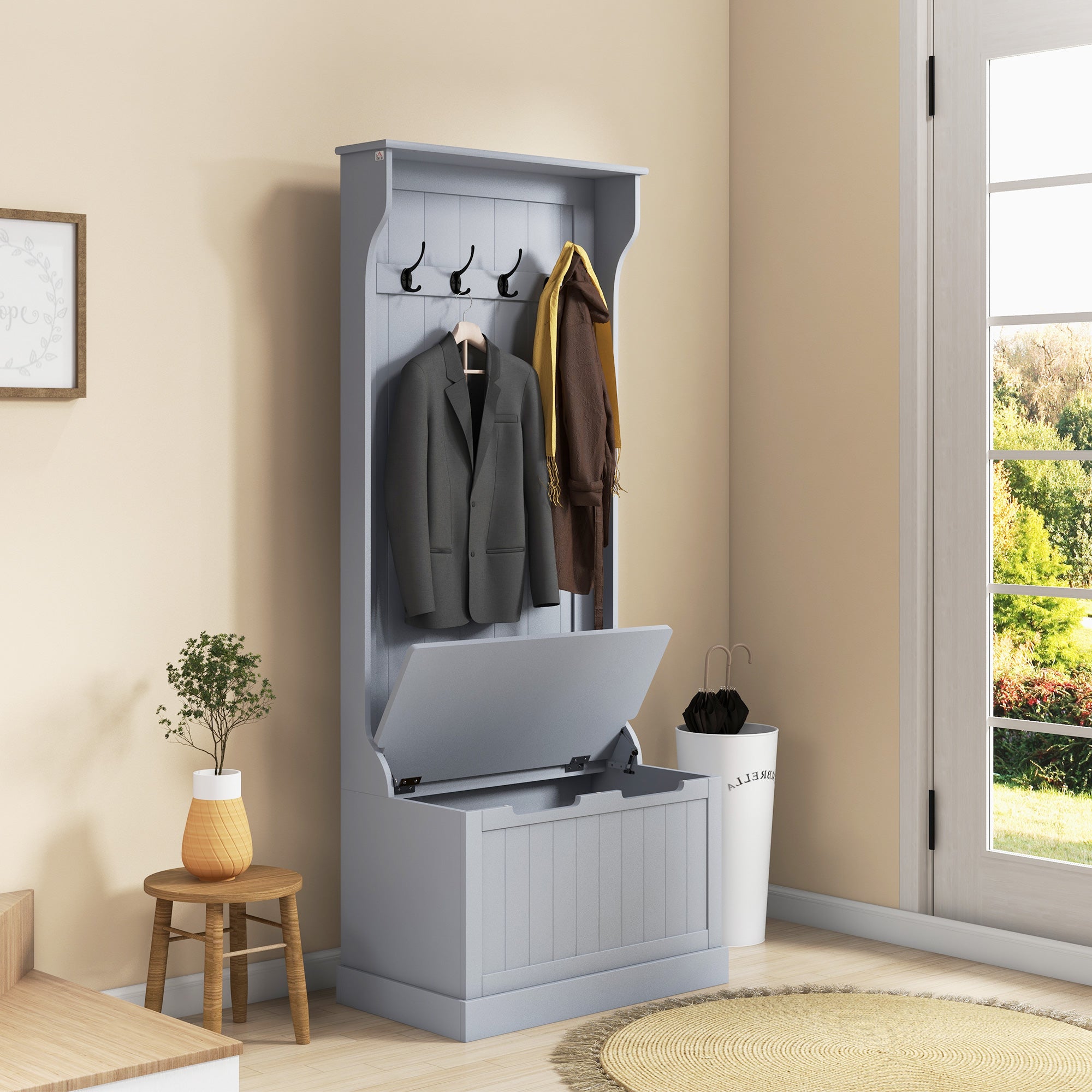 HOMCOM 28" Coat Rack, 3-In-1 Entryway Hall Tree with Shoe Storage Bench, Modern Coat Hanger Stand with 4 Double Hooks, for Hallway, Living Room, Grey