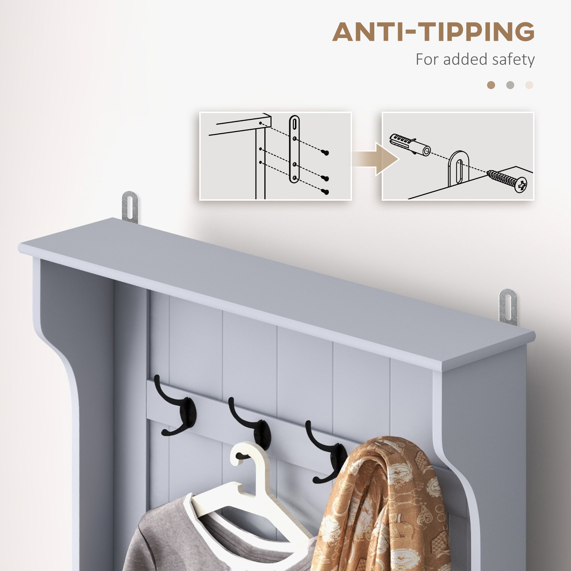 HOMCOM 28" Coat Rack, 3-In-1 Entryway Hall Tree with Shoe Storage Bench, Modern Coat Hanger Stand with 4 Double Hooks, for Hallway, Living Room, Grey