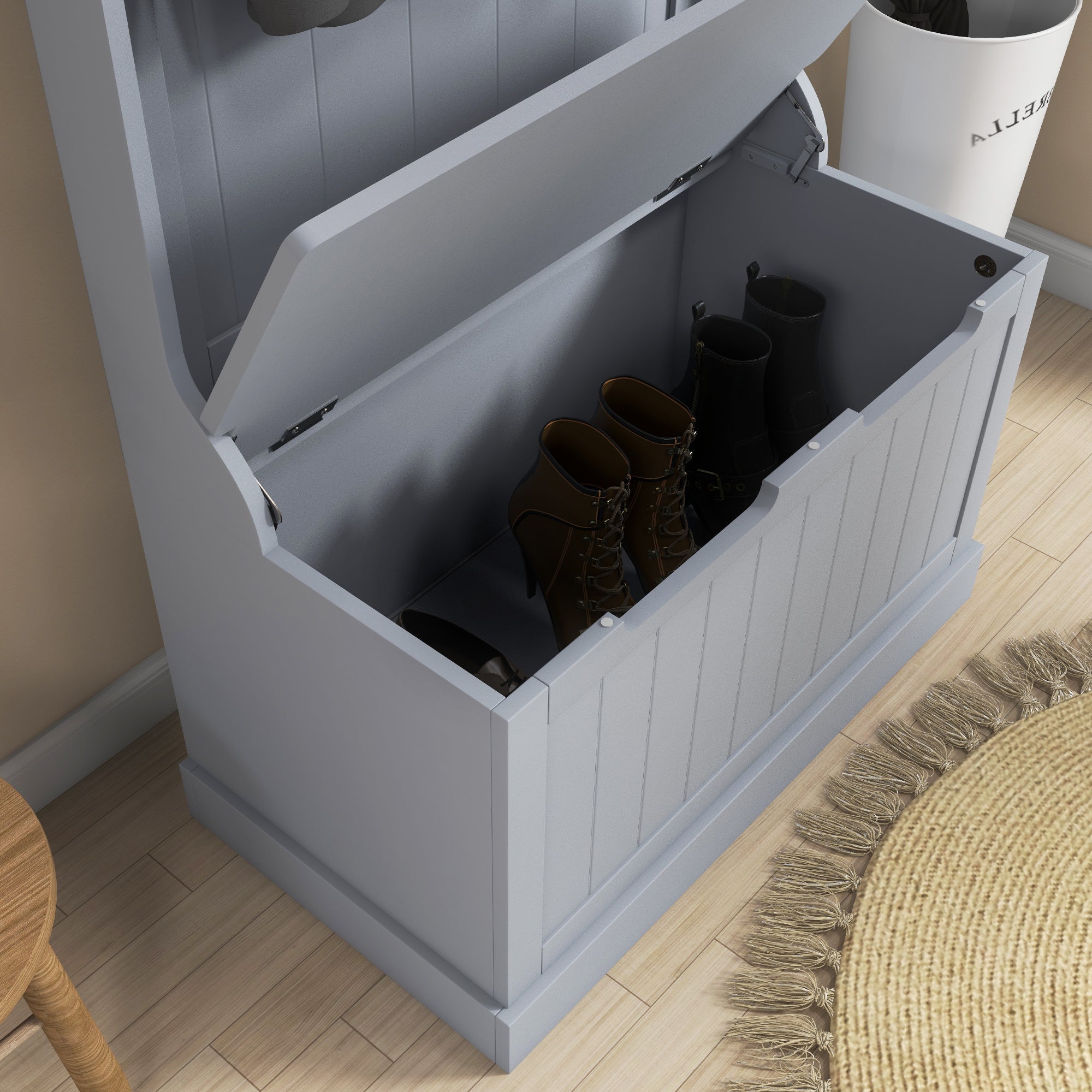 HOMCOM 28" Coat Rack, 3-In-1 Entryway Hall Tree with Shoe Storage Bench, Modern Coat Hanger Stand with 4 Double Hooks, for Hallway, Living Room, Grey