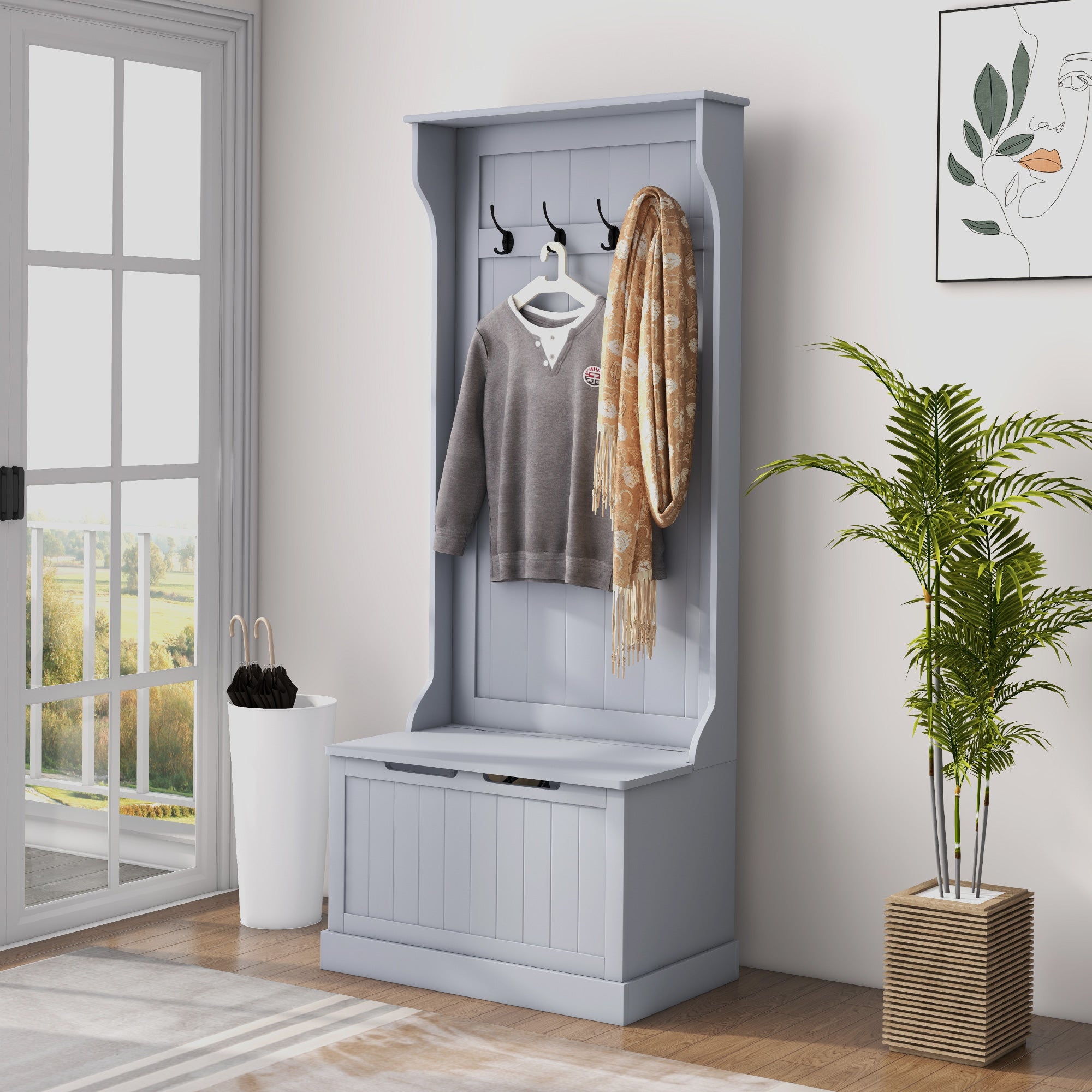 HOMCOM 28" Coat Rack, 3-In-1 Entryway Hall Tree with Shoe Storage Bench, Modern Coat Hanger Stand with 4 Double Hooks, for Hallway, Living Room, Grey