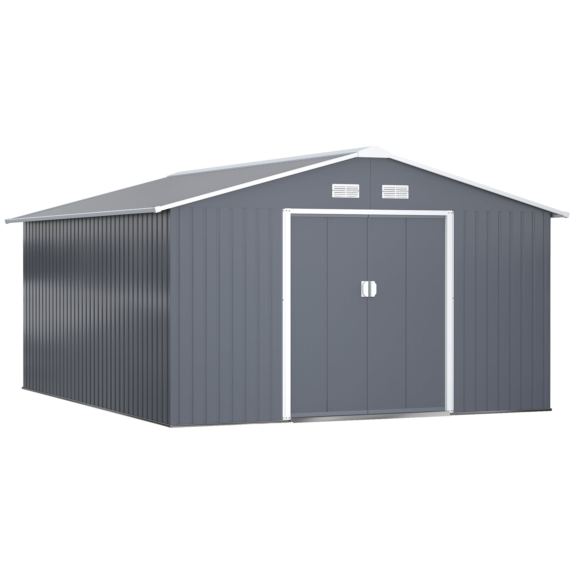 Outsunny 11' x 13' Practical Backyard Garden Storage Tool Shed Double Sliding Door 4 Ventilation Slots, Grey