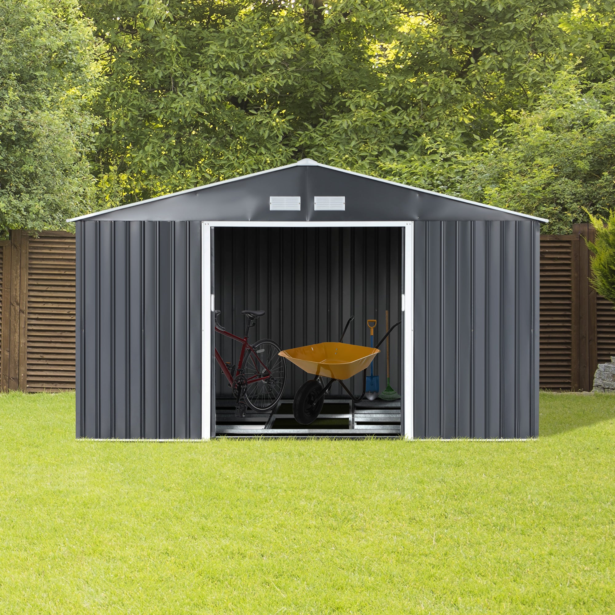 Outsunny 11' x 13' Practical Backyard Garden Storage Tool Shed Double Sliding Door 4 Ventilation Slots, Grey