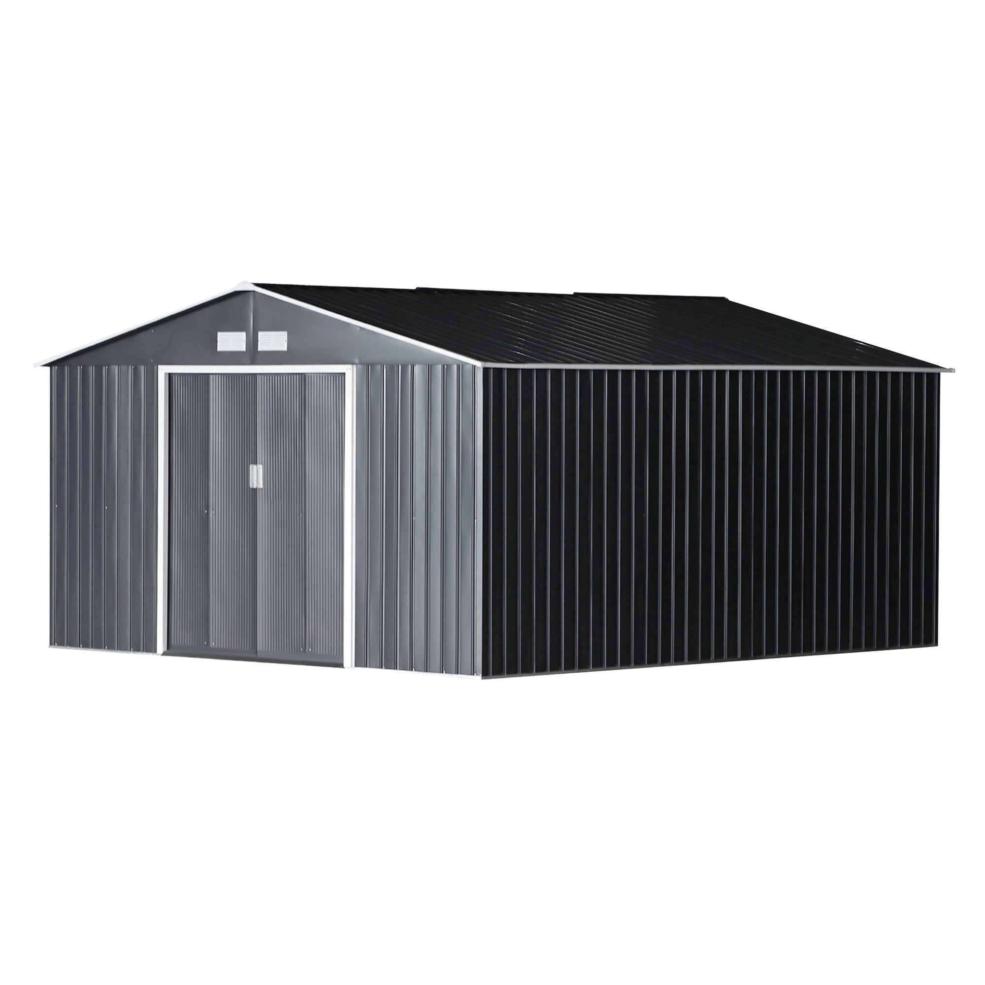 Outsunny 11' x 13' Practical Backyard Garden Storage Tool Shed Double Sliding Door 4 Ventilation Slots, Grey