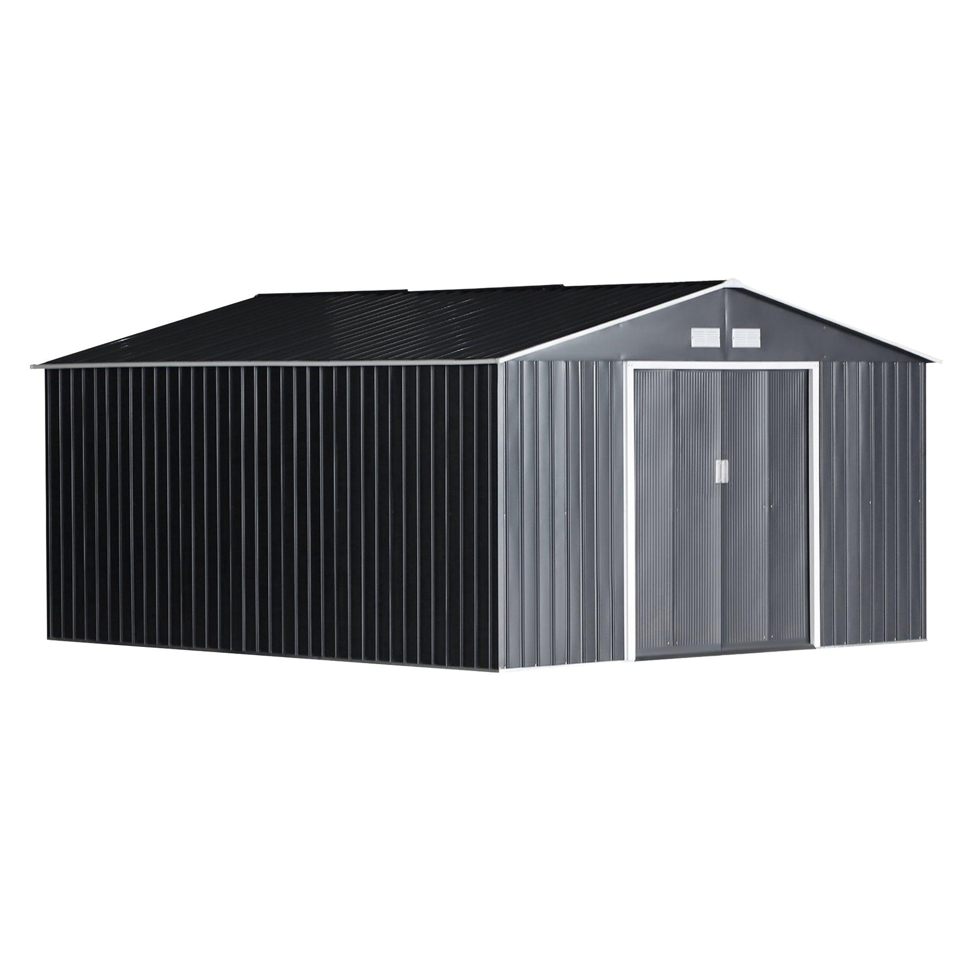 Outsunny 11' x 13' Practical Backyard Garden Storage Tool Shed Double Sliding Door 4 Ventilation Slots, Grey