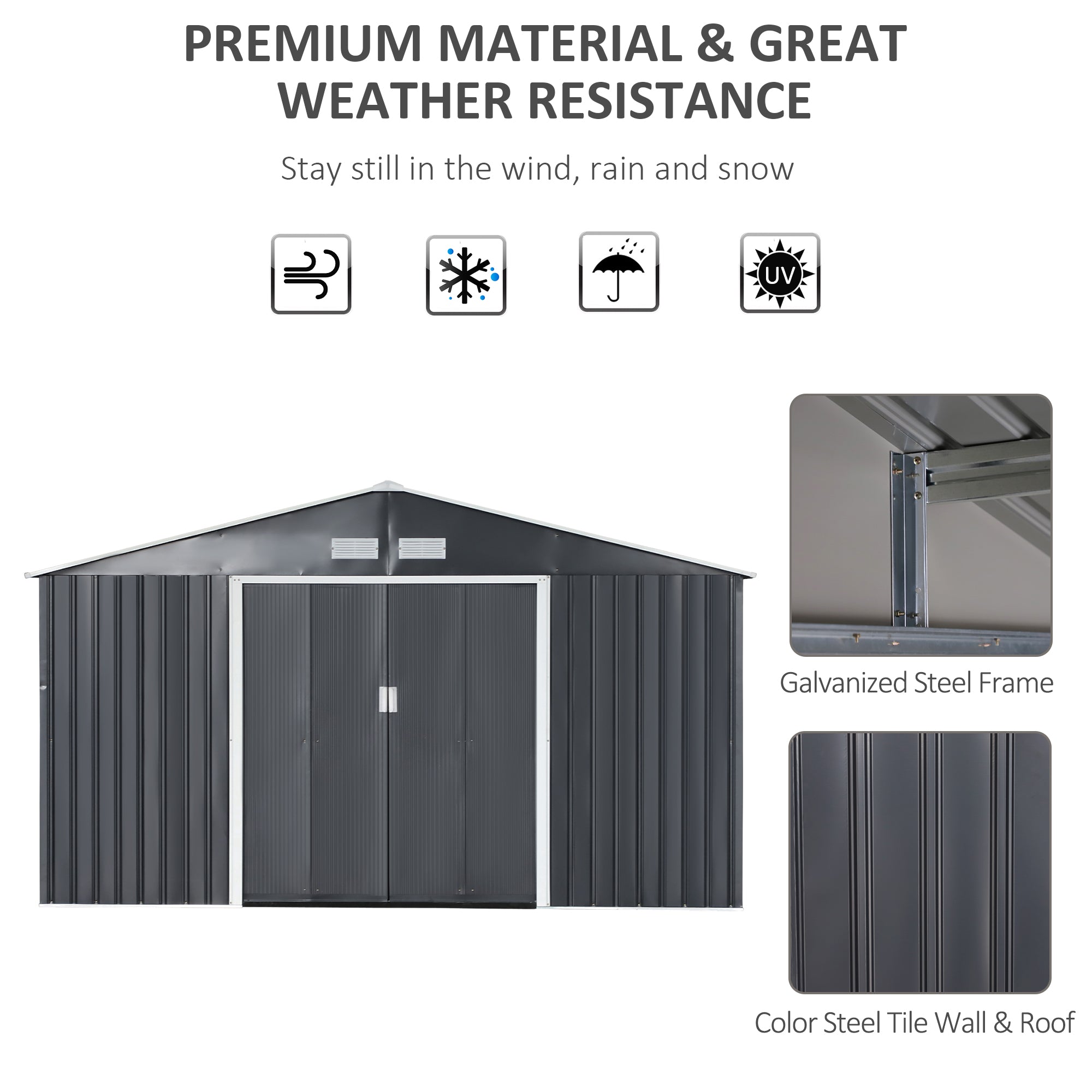 Outsunny 11' x 13' Practical Backyard Garden Storage Tool Shed Double Sliding Door 4 Ventilation Slots, Grey