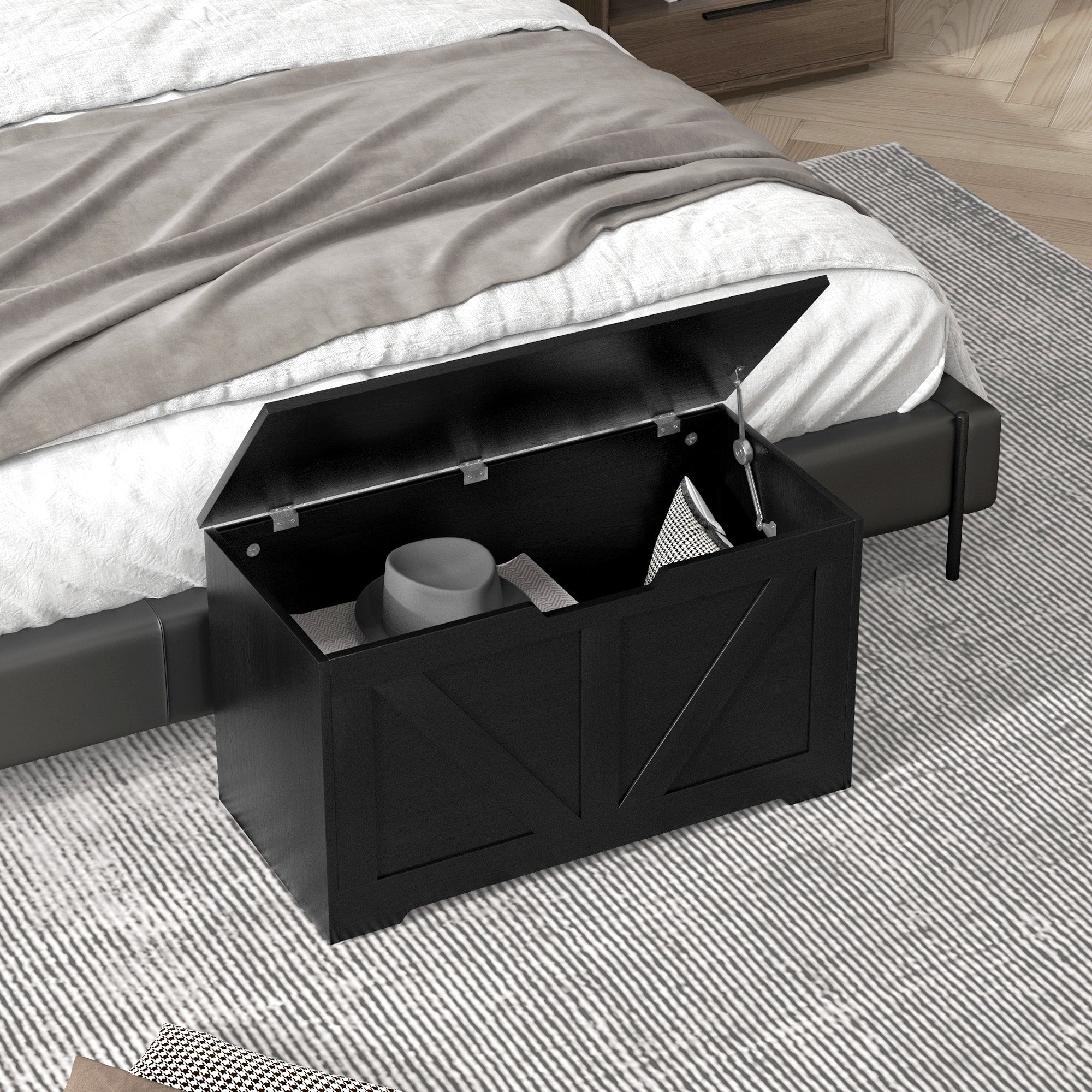 HOMCOM Storage Chest, Storage Trunk with 2 Safety Hinges and U-shaped Cut-out Pull, Wooden Box for Living Room, Entryway, 31.5