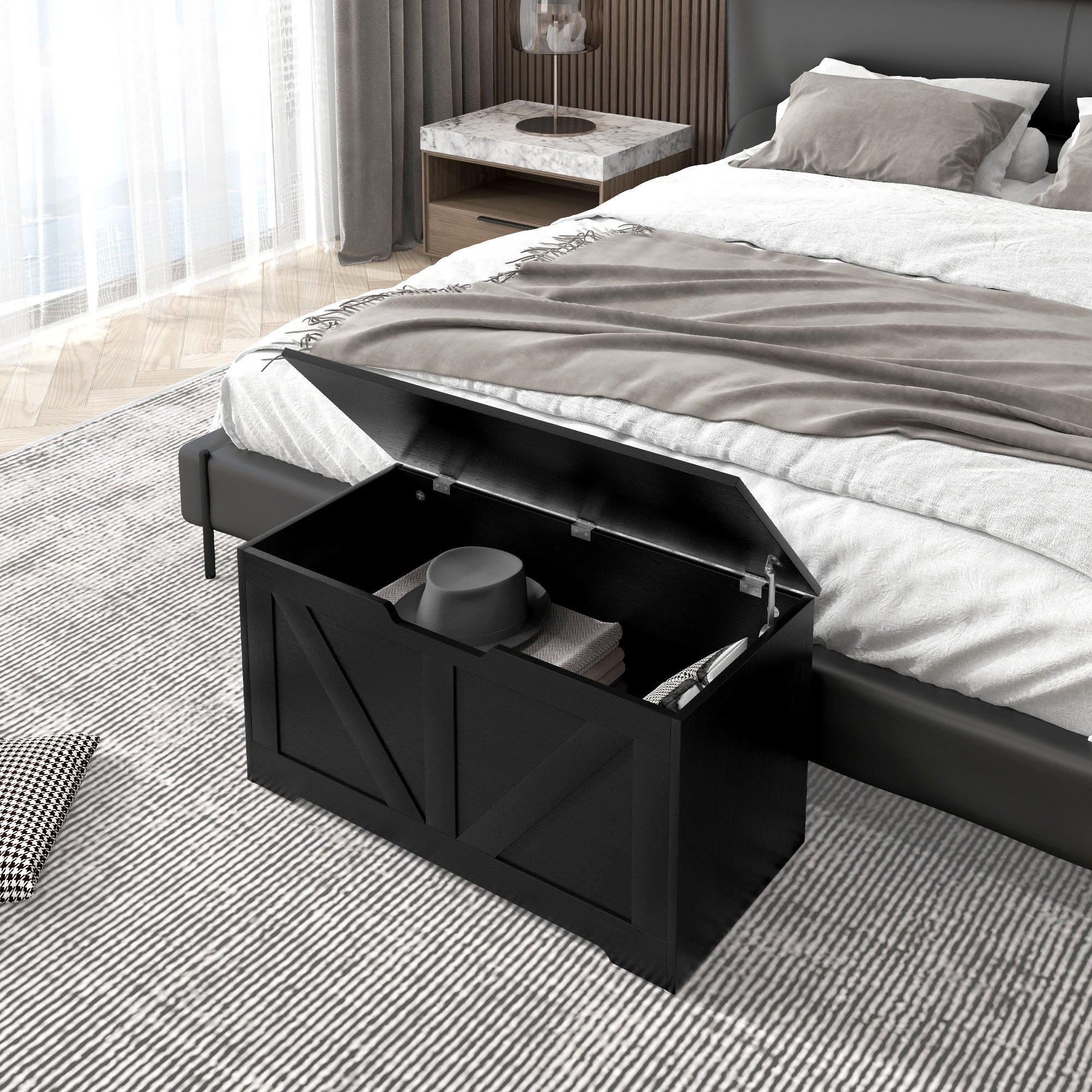 HOMCOM Storage Chest, Storage Trunk with 2 Safety Hinges and U-shaped Cut-out Pull, Wooden Box for Living Room, Entryway, 31.5