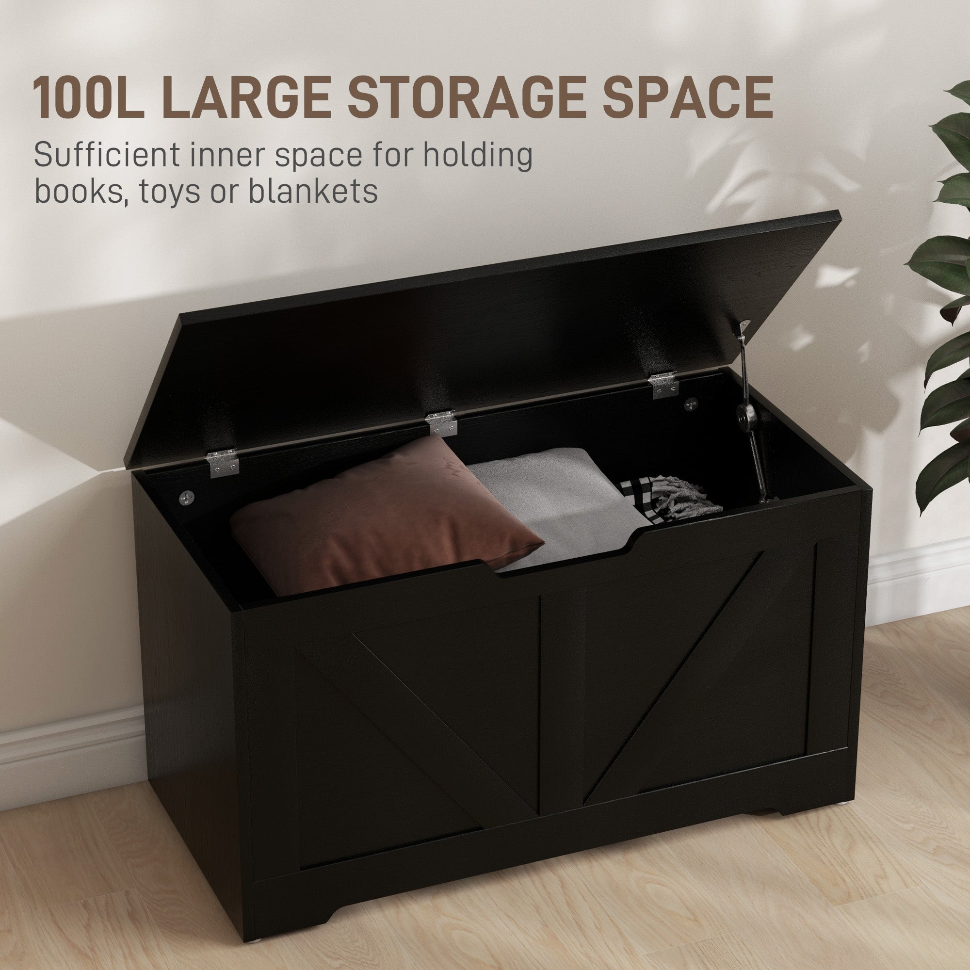 HOMCOM Storage Chest, Storage Trunk with 2 Safety Hinges and U-shaped Cut-out Pull, Wooden Box for Living Room, Entryway, 31.5